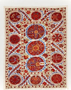 Antique Uzbek Samarkand Suzan, Hand-Embroidered Silk on Hand-Loomed Cotton