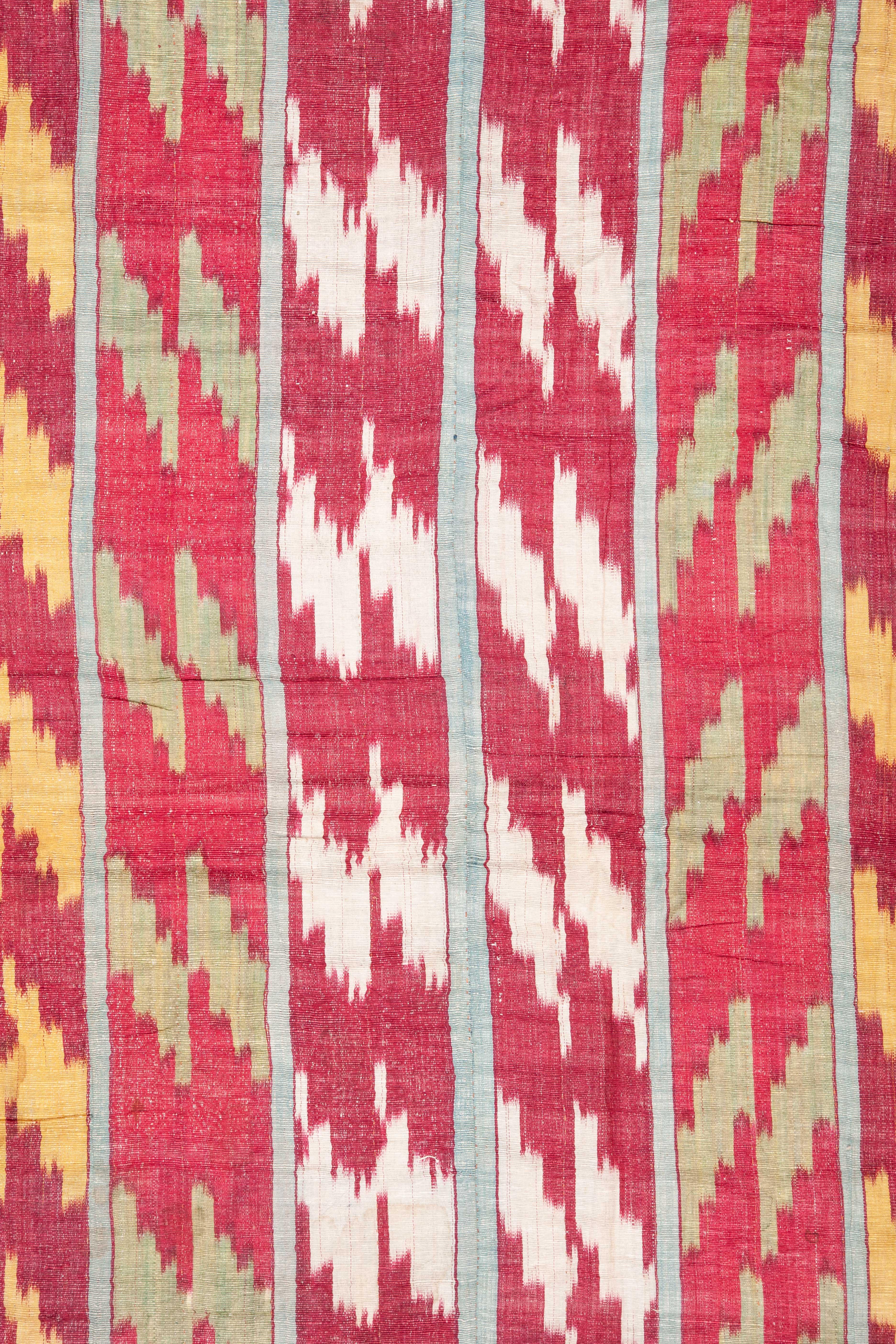 Tribal Antique Uzbek Silk Warp Cotton Wefr Ikat Panel, 19th Century