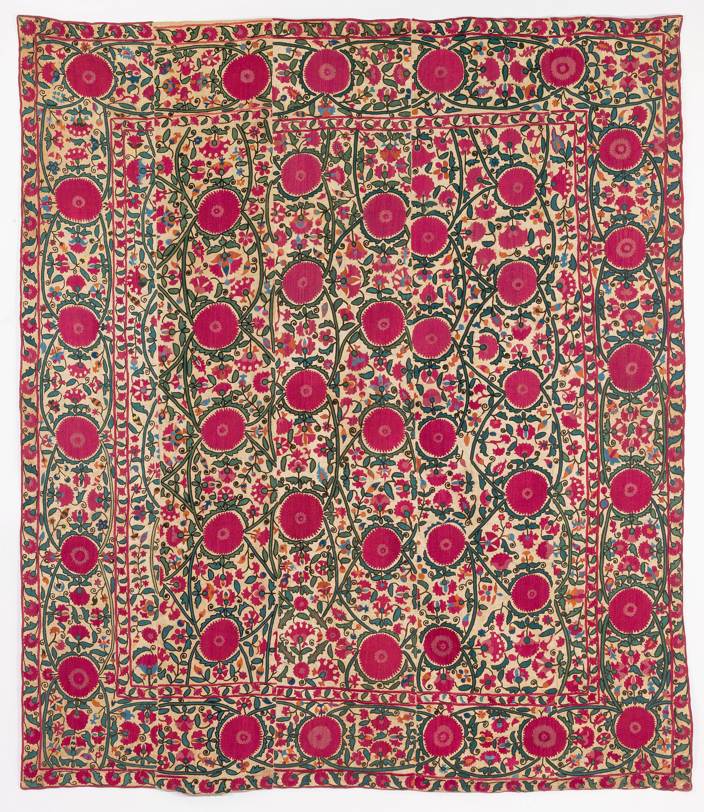 Susani, Uzbekistan, first half 19th. cent., Samarkand, wonderful silk embroidery in Basma and Tambour stitch. Dowry pieces like this were made on narrow stripes of hand-woven cotton which were embroidered separately and later joined, especially