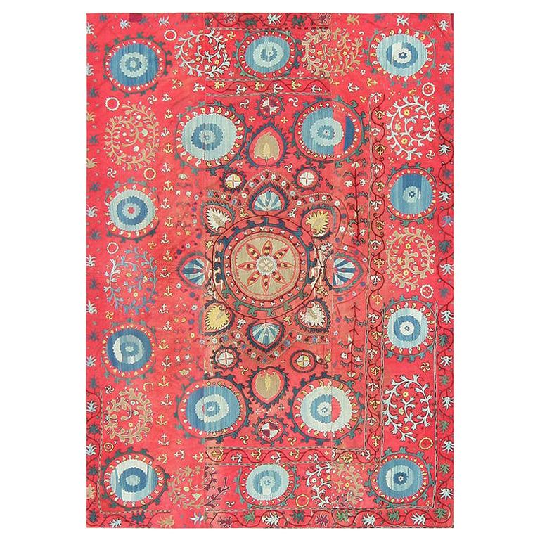 Antique Uzbek Suzani Embroidery Textile. Size: 6' x 8' 5" (1.83 m x 2.57 m)