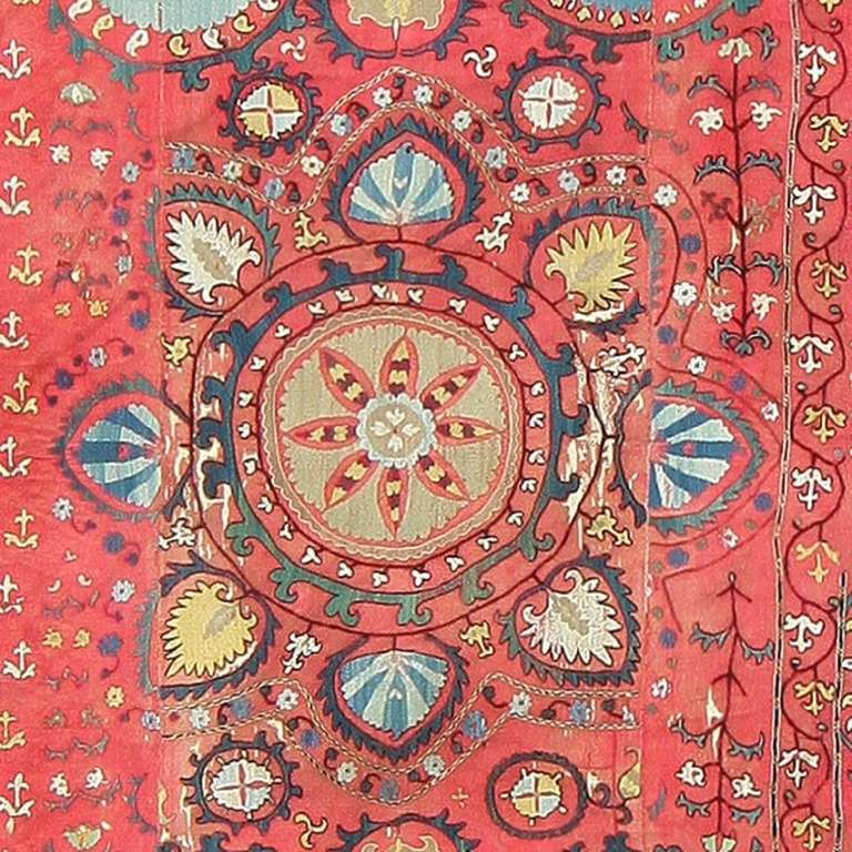 Hand-Woven Antique Uzbek Suzani Embroidery Textile. Size: 6' x 8' 5