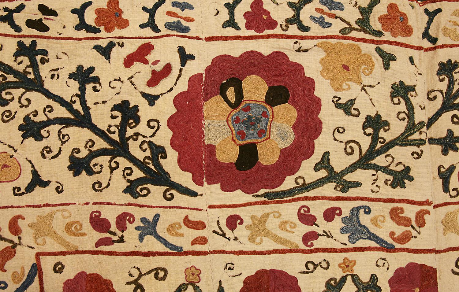 Hand-Knotted Antique Uzbek Suzani Textile, 19th Century