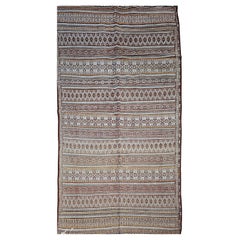 Antique Uzbek Tribal Soumak Kilim, Handwoven Stripe Pattern, Brown, 4’ x 7'