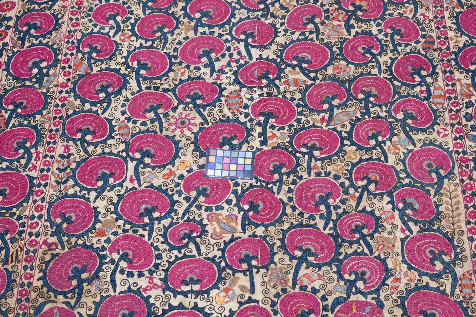 Antique Uzbekistan Suzani Rug 6'2'' x 7'11''. From the Central Asian Uzbeks, this silk on cream shows seven columns of fat 