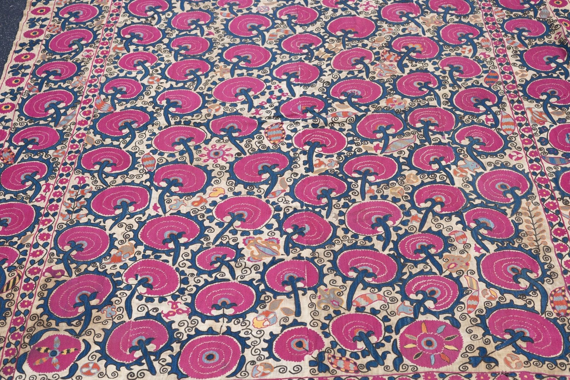 19th Century Antique Uzbekistan Suzani Rug 6'2'' x 7'11'' For Sale
