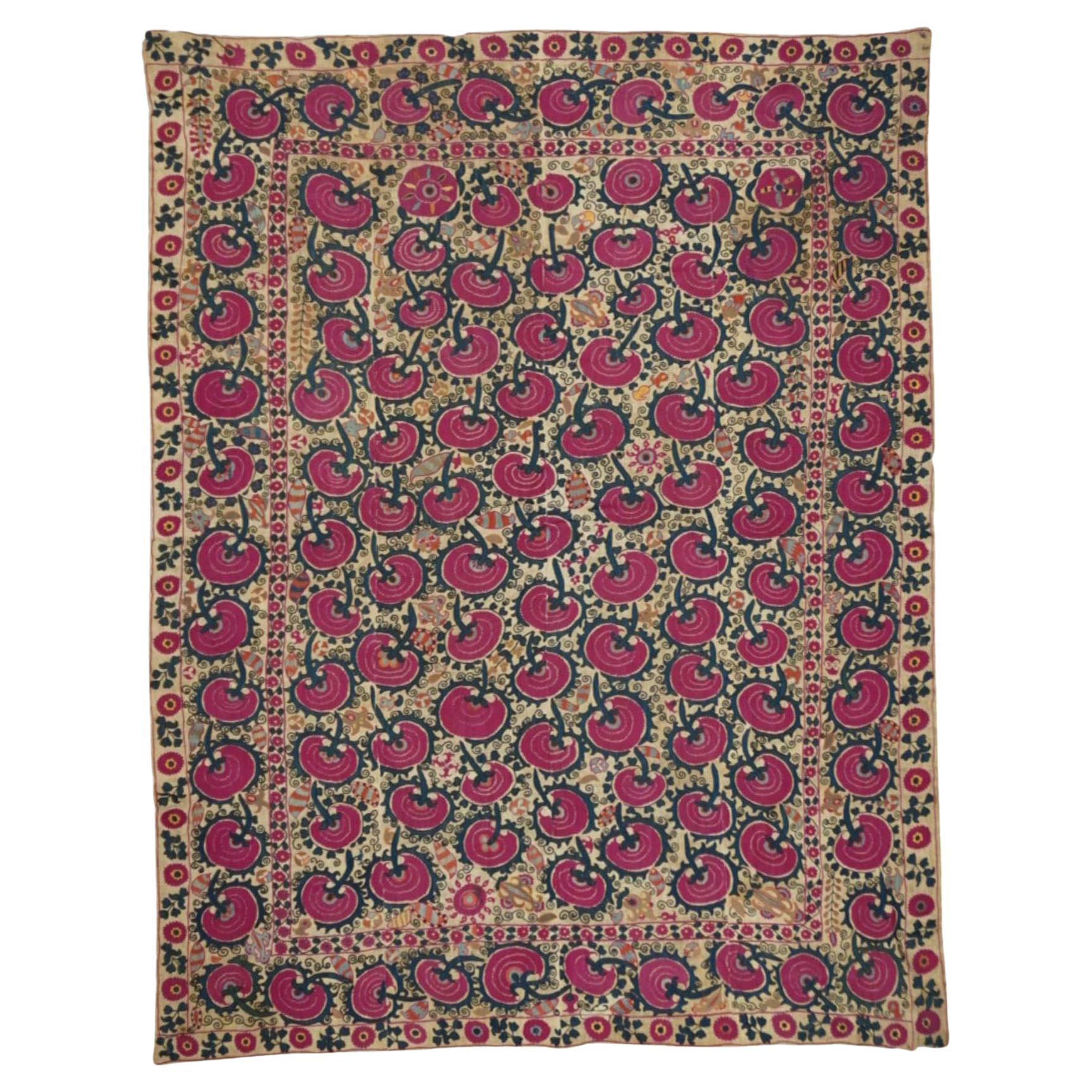 Antique Uzbekistan Suzani Rug 6'2'' x 7'11''