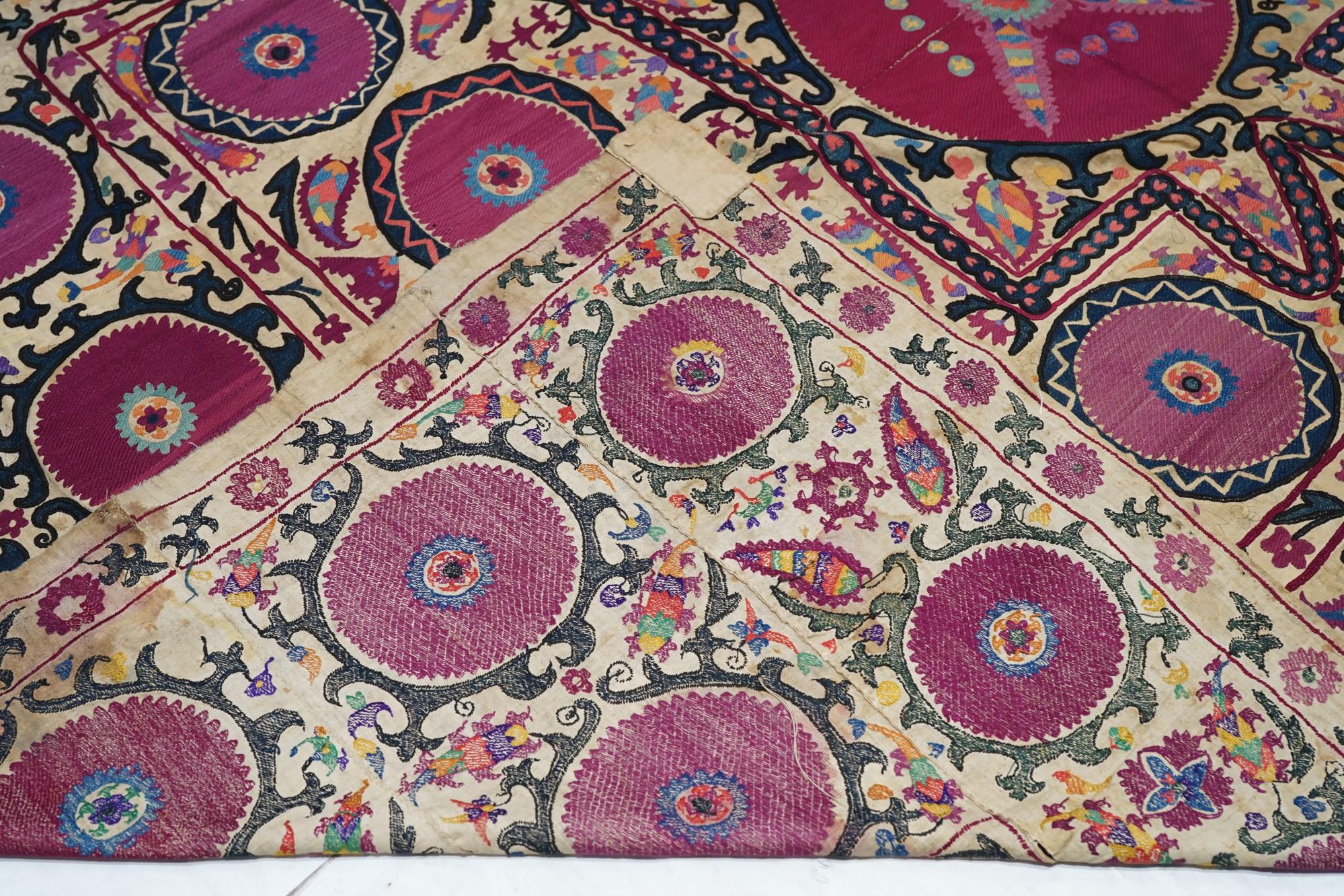 Antique Uzbekistan Suzani Textile Rug For Sale 4