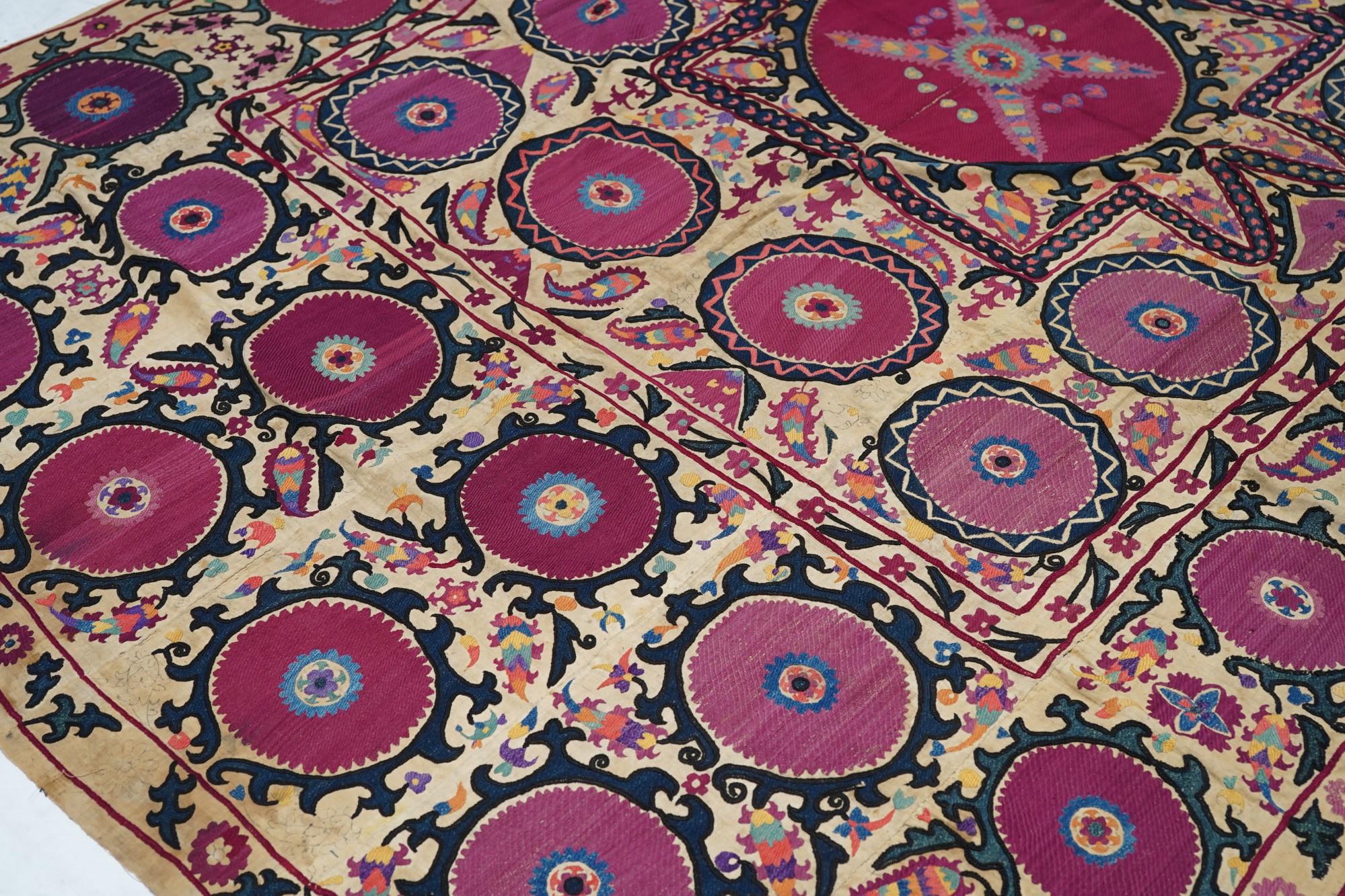 Late 19th Century Antique Uzbekistan Suzani Textile Rug For Sale