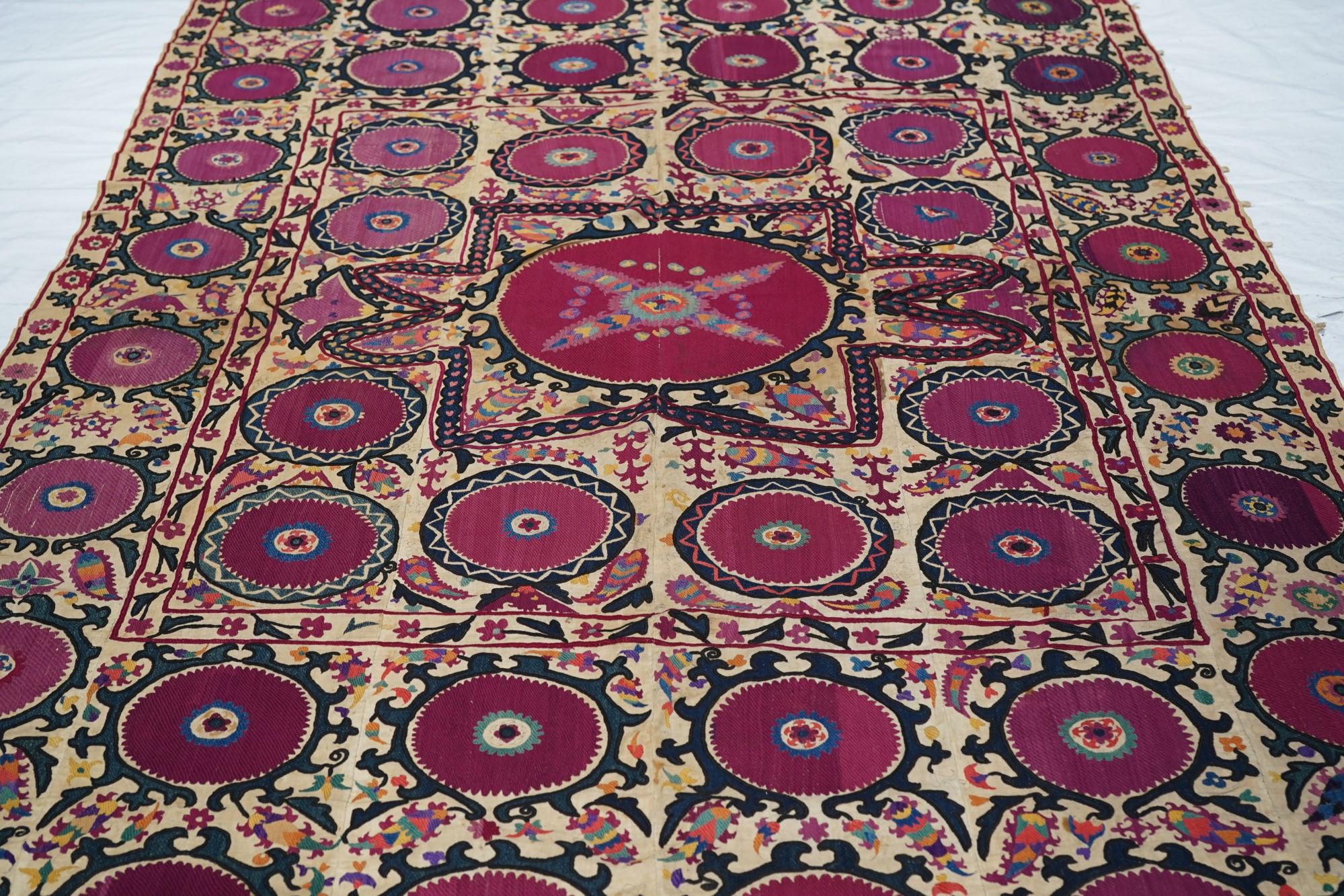 Antique Uzbekistan Suzani Textile Rug For Sale 1