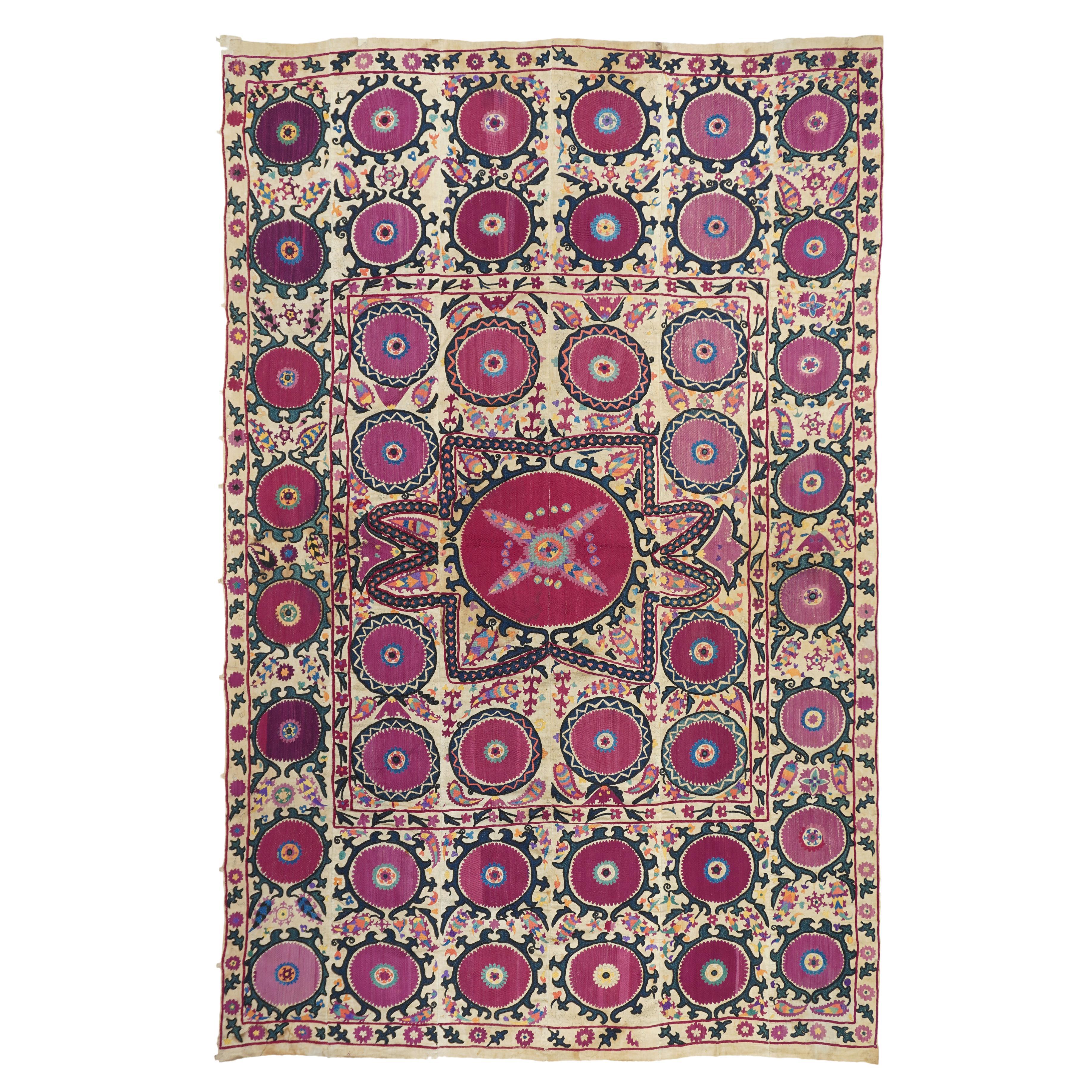 Antique Uzbekistan Suzani Textile Rug For Sale