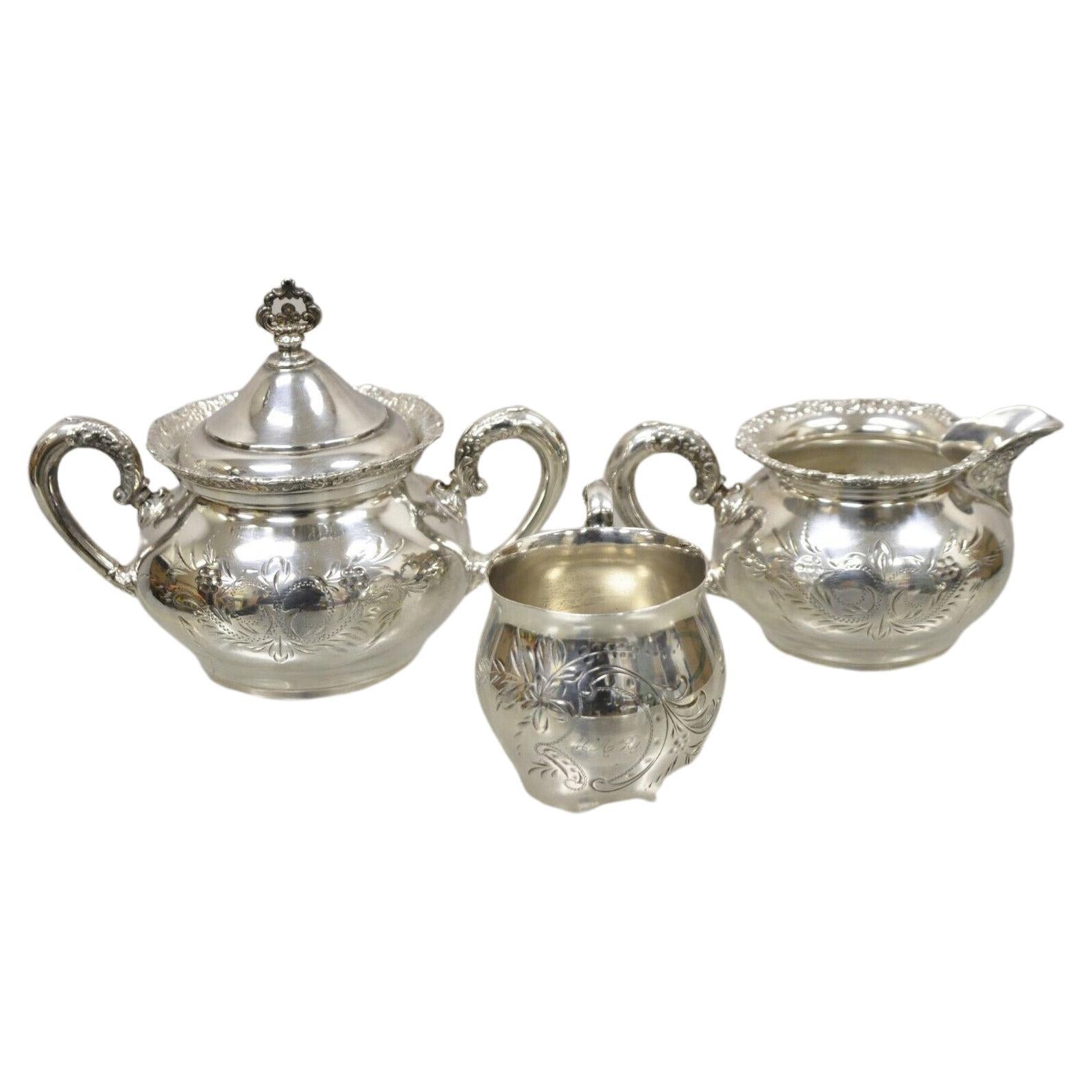 Antique Van Bergh Silver Plate Victorian Tea Serving Set, 3 Pc Set For Sale