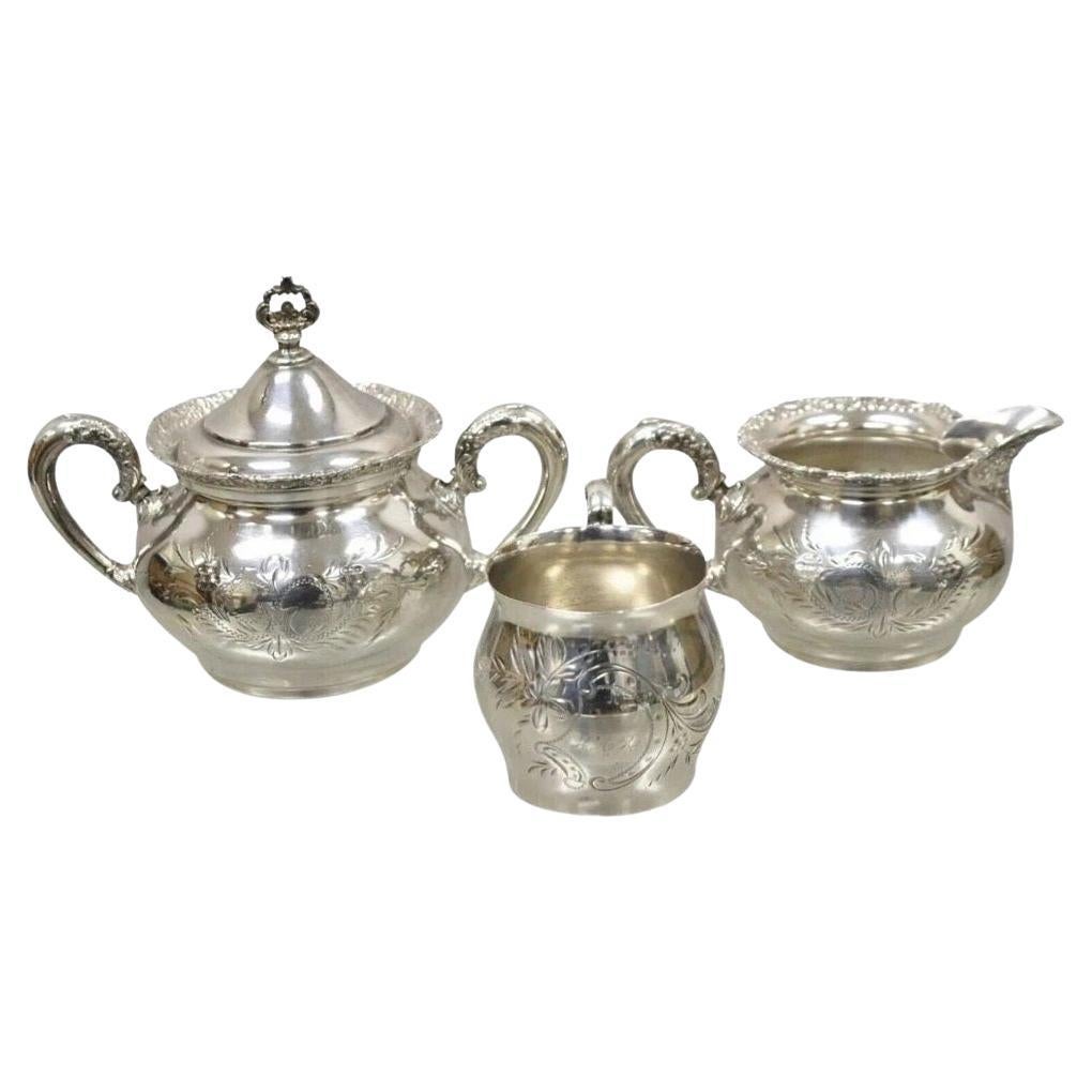 Antique Van Bergh Silver Plated Victorian Tea Serving Set w/ Monogram - 3 Pc Set For Sale