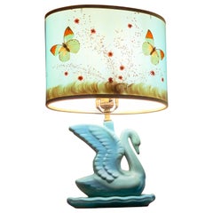 Antique Van Briggle Matte Blue Glazed Ceramic Swan Lamp Butterfly Shade