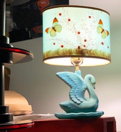 Antique Van Briggle Matte Blue Glazed Ceramic Swan Lamp Butterfly Shade