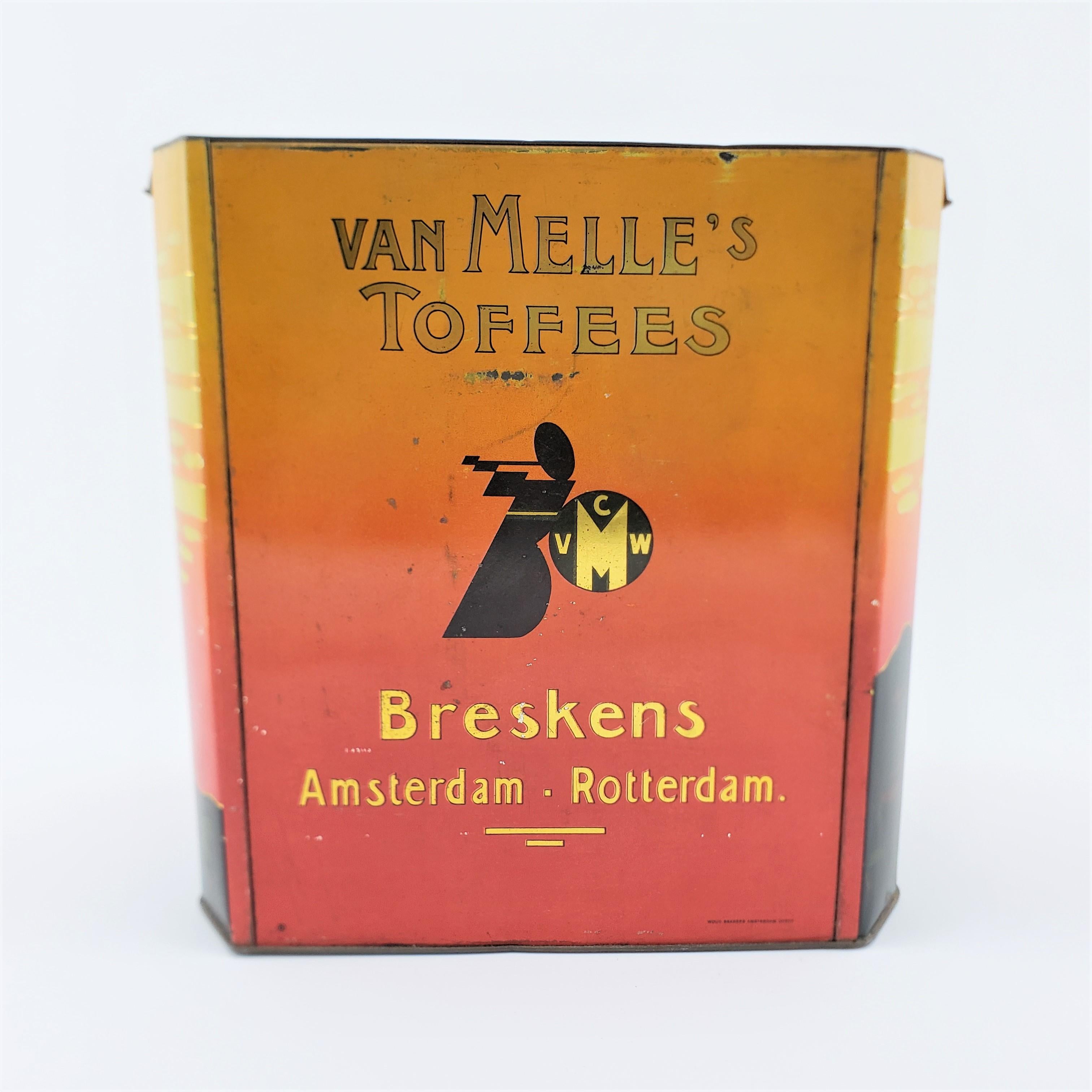 Pressed Antique Van Melles Large Toffee Store Display Advertising Tin with Arabic Motif For Sale