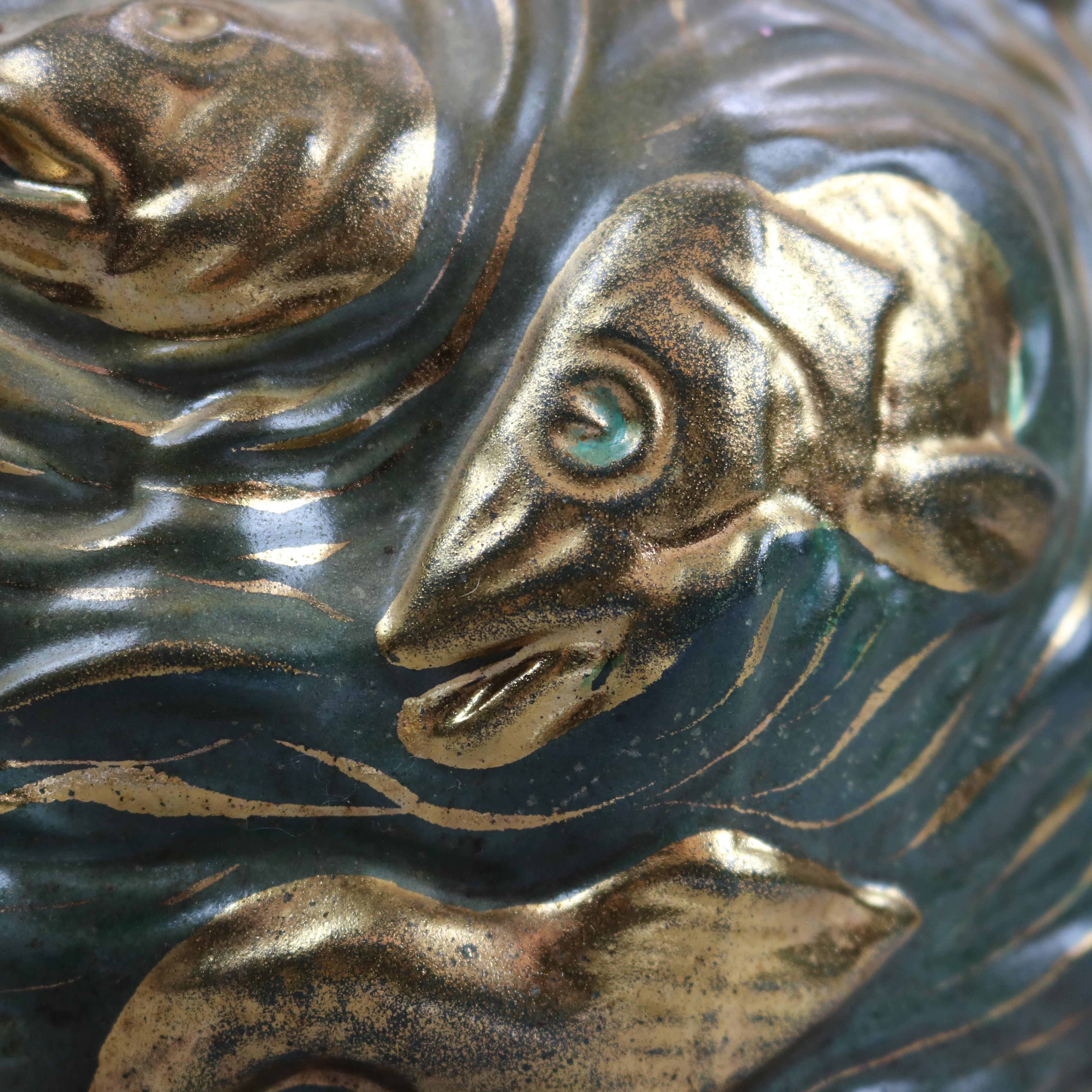 Antique Vance Avon Figural Faience Pottery Vase with Mermaids in Relief, c1900 2