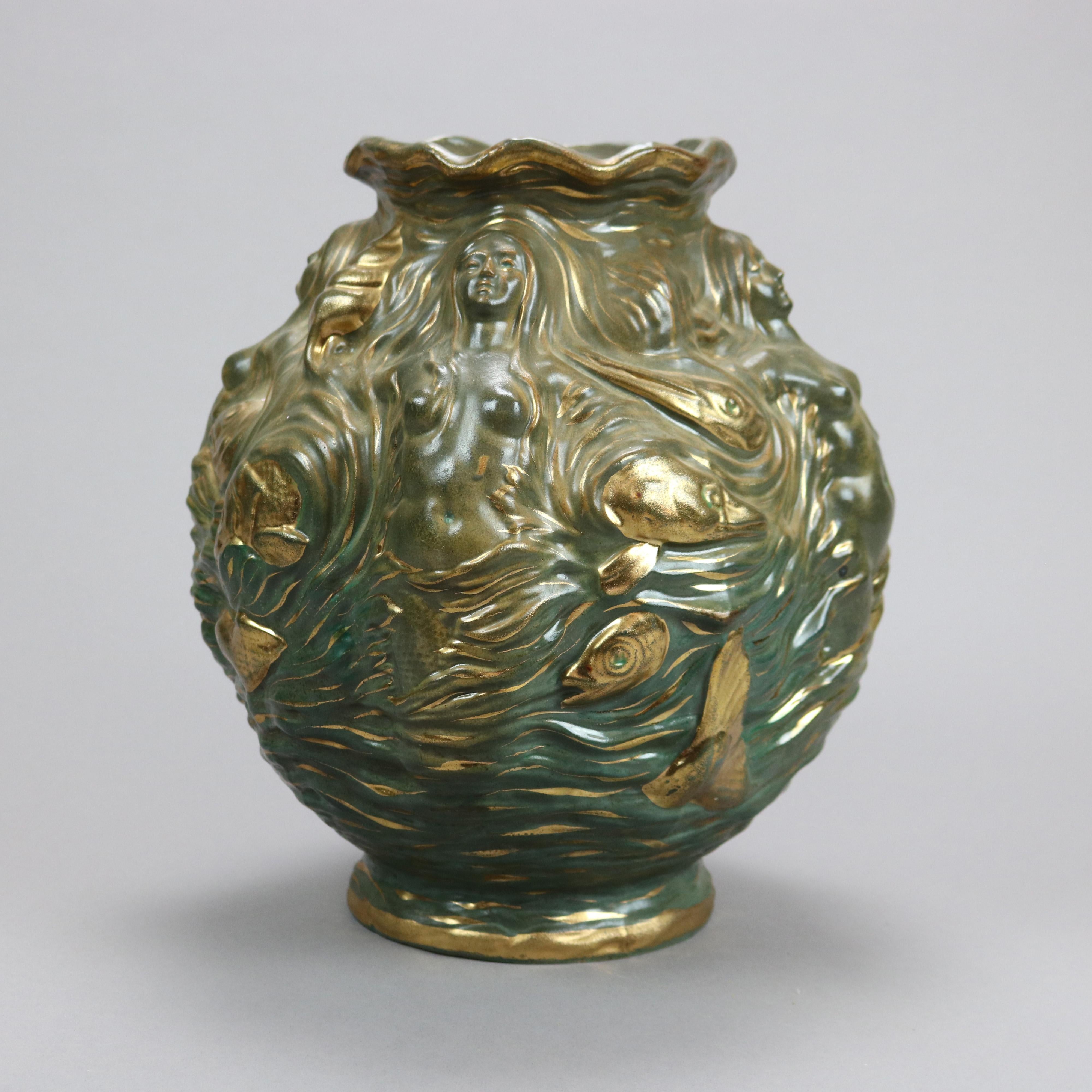 Art Nouveau Antique Vance Avon Figural Faience Pottery Vase with Mermaids in Relief, c1900