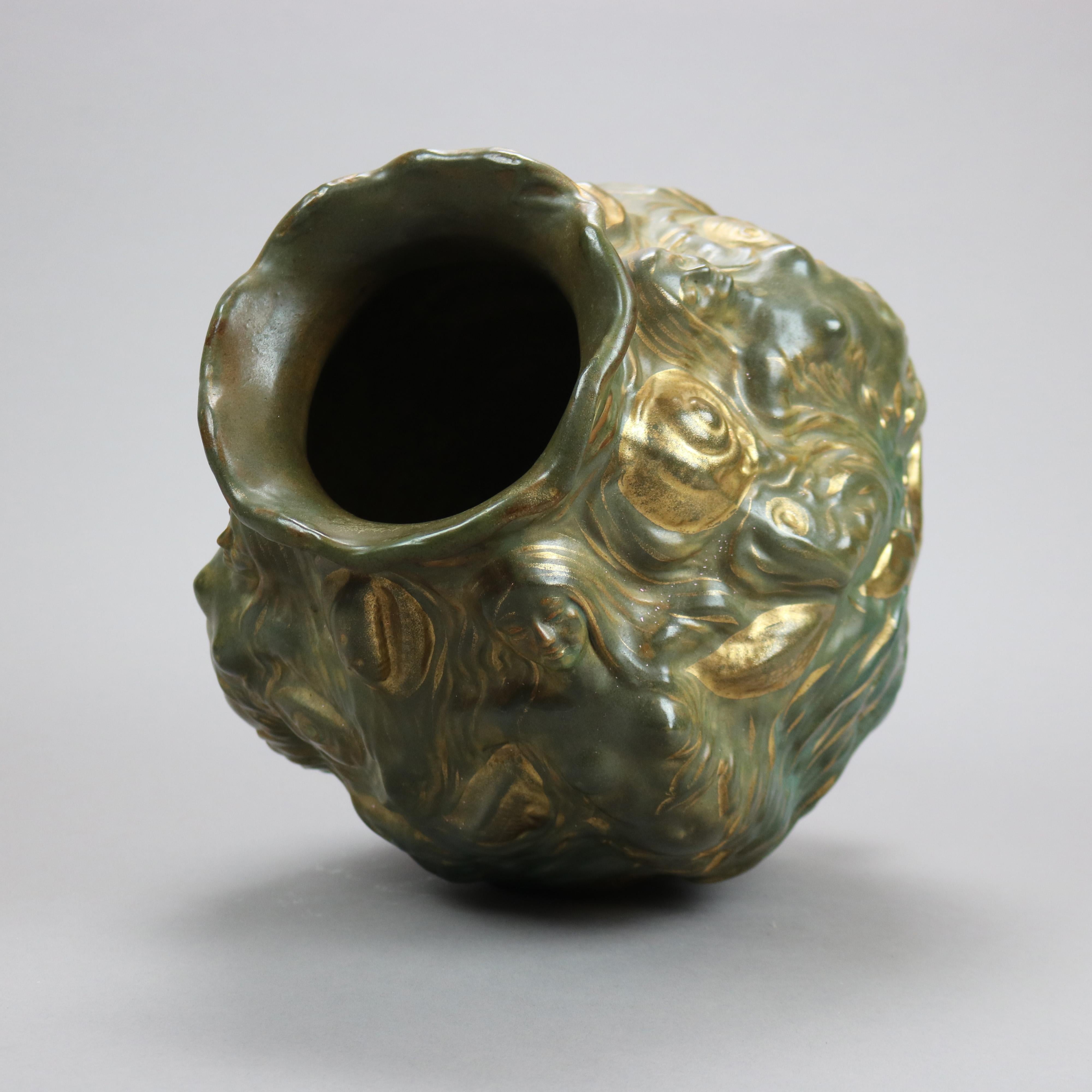 Antique Vance Avon Figural Faience Pottery Vase with Mermaids in Relief, c1900 In Good Condition In Big Flats, NY