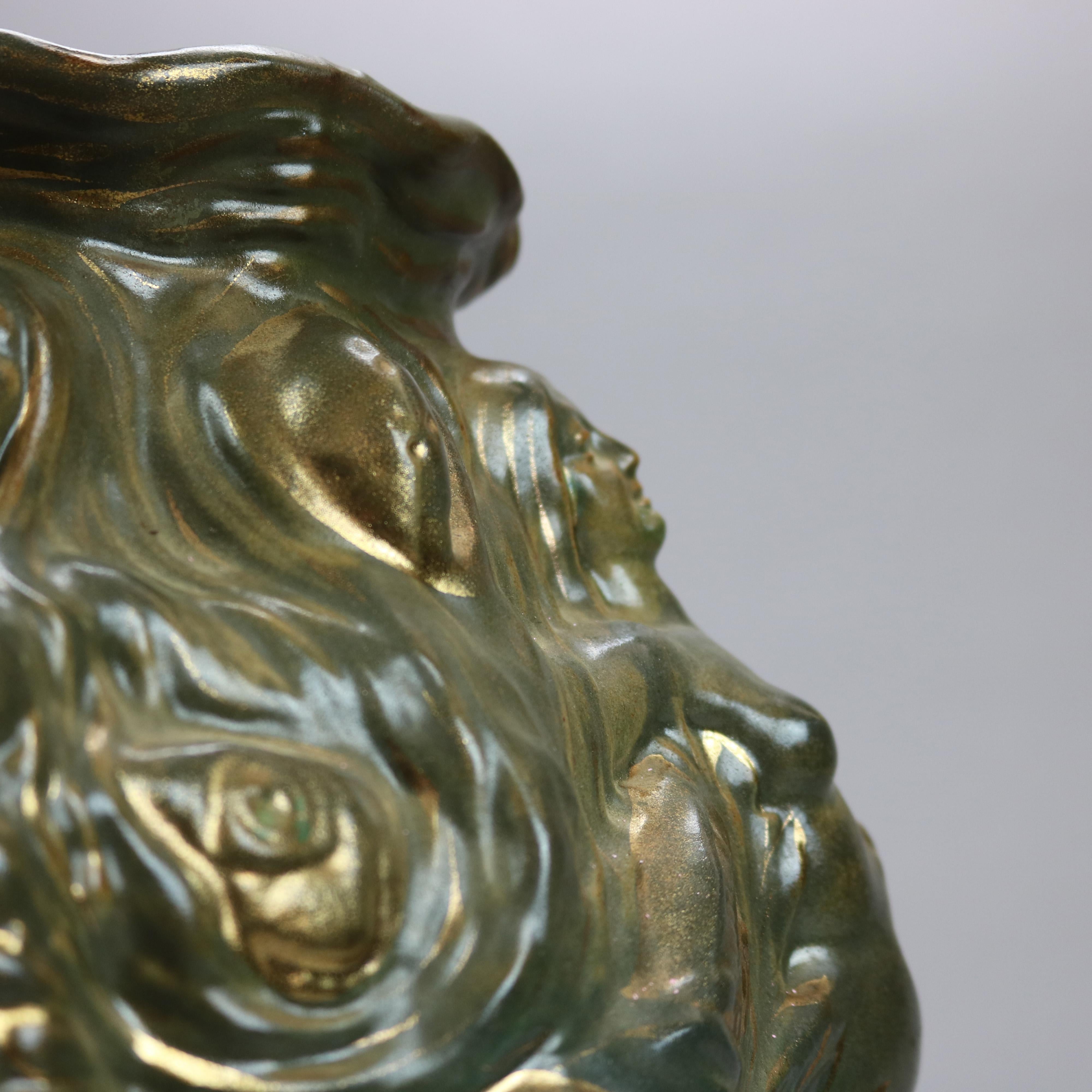 20th Century Antique Vance Avon Figural Faience Pottery Vase with Mermaids in Relief, c1900
