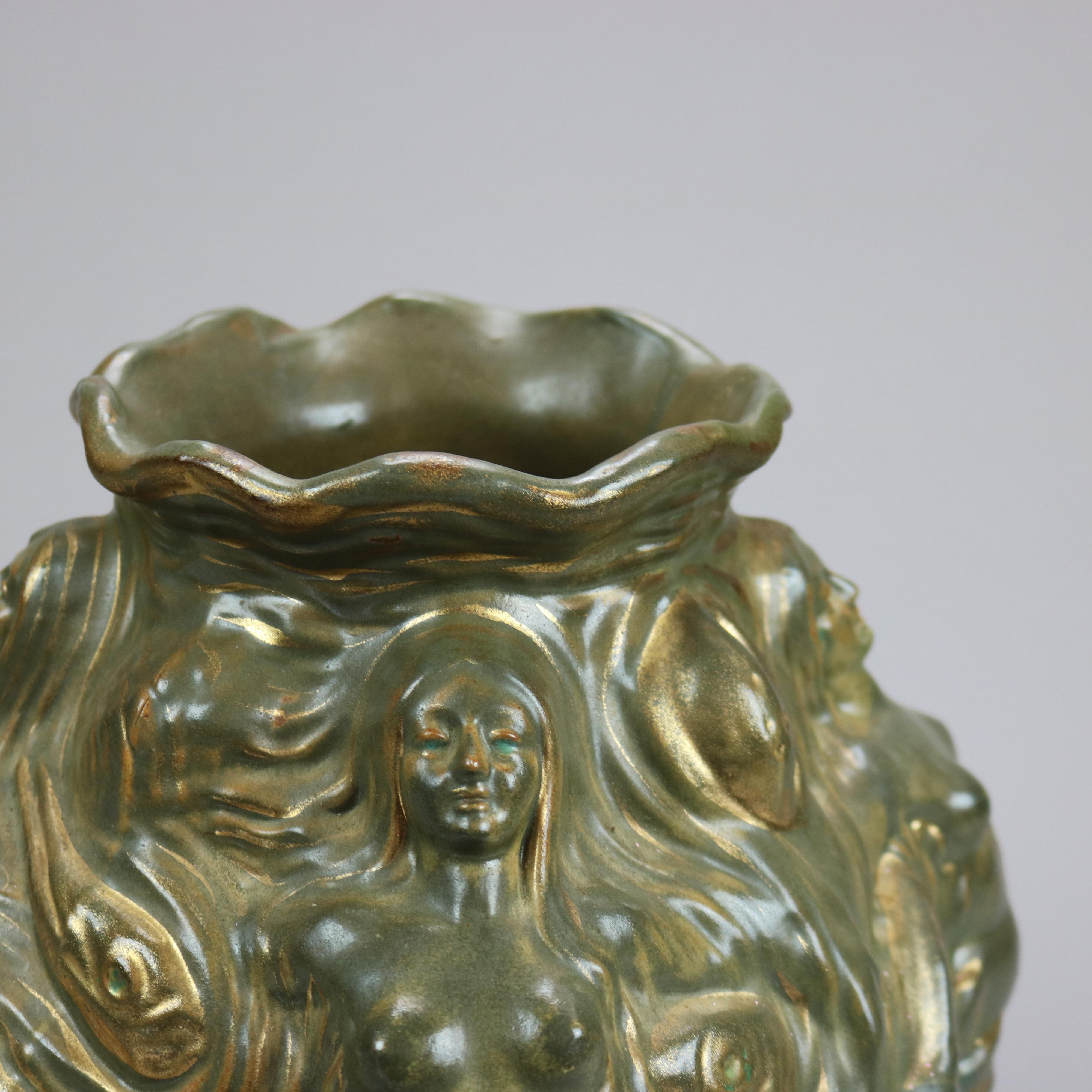 Antique Vance Avon Figural Faience Pottery Vase with Mermaids in Relief, c1900 1