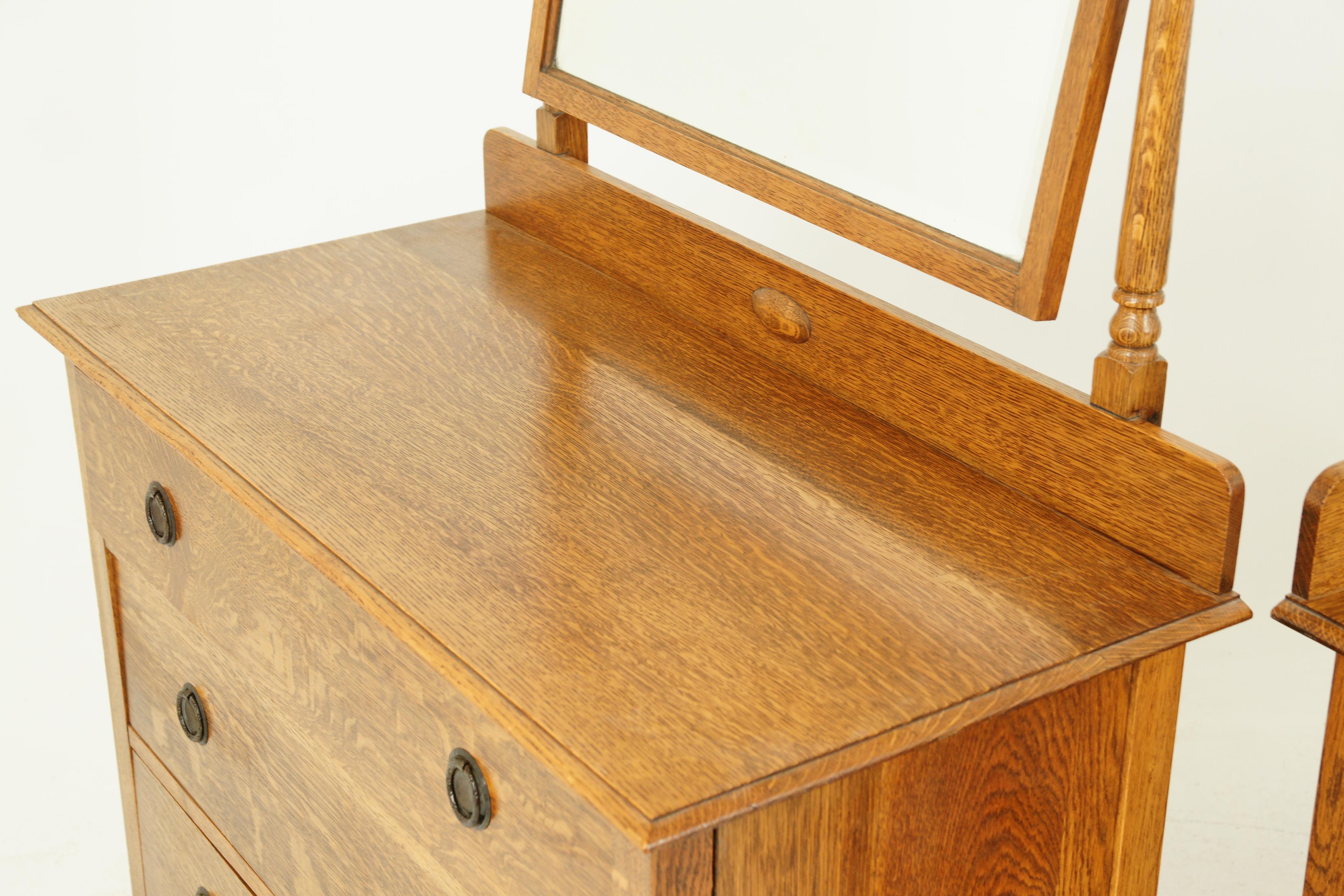 Antique Oak Vanity, Antique Dresser, Beveled Mirror, Tiger Oak, Scotland 1930 3