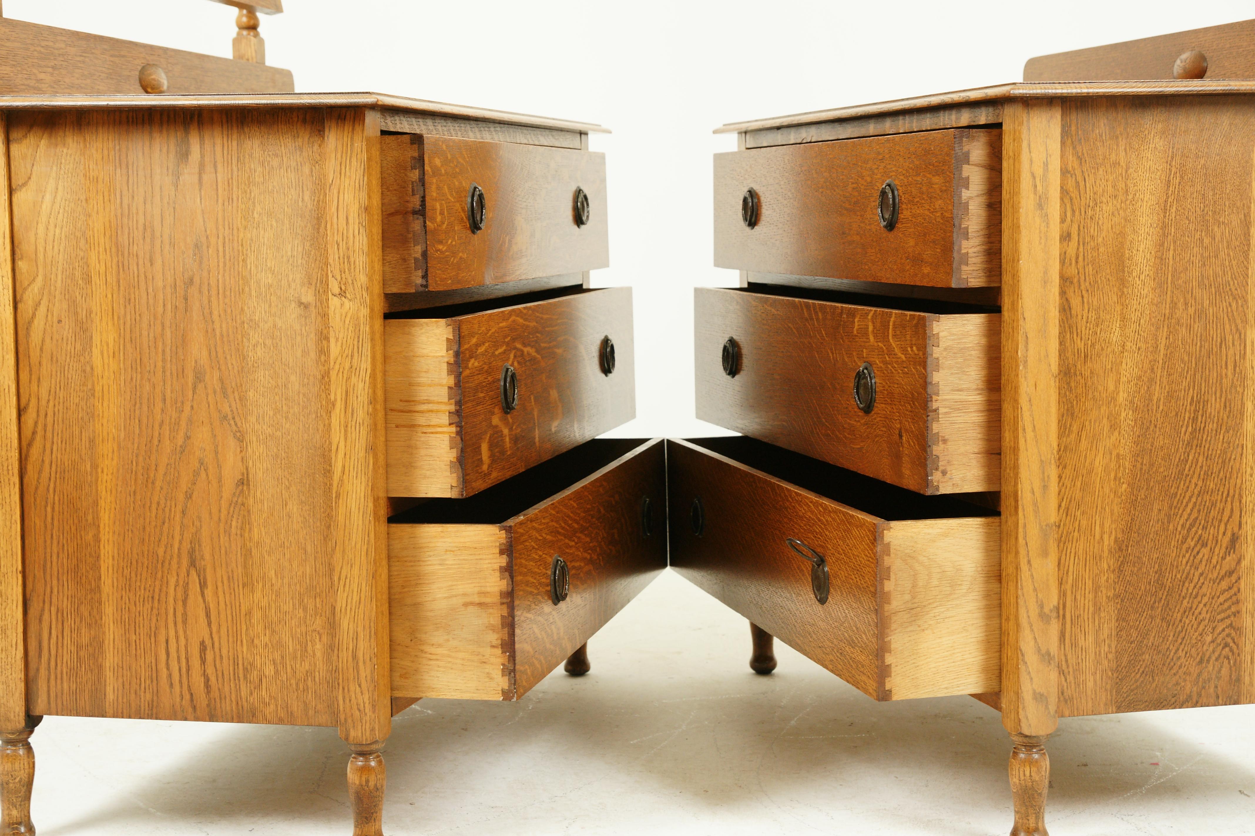 Antique Oak Vanity, Antique Dresser, Beveled Mirror, Tiger Oak, Scotland 1930 6