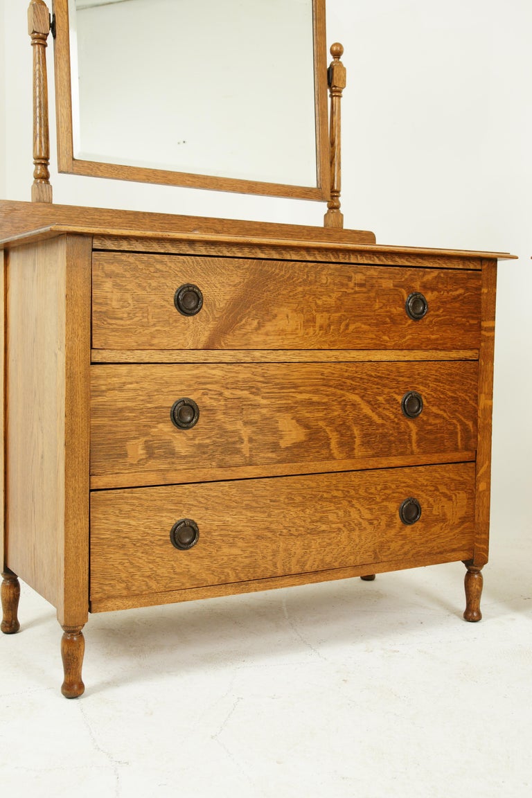 Antique Vanity, Antique Dresser, Beveled Mirror, Tiger Oak, Scotland