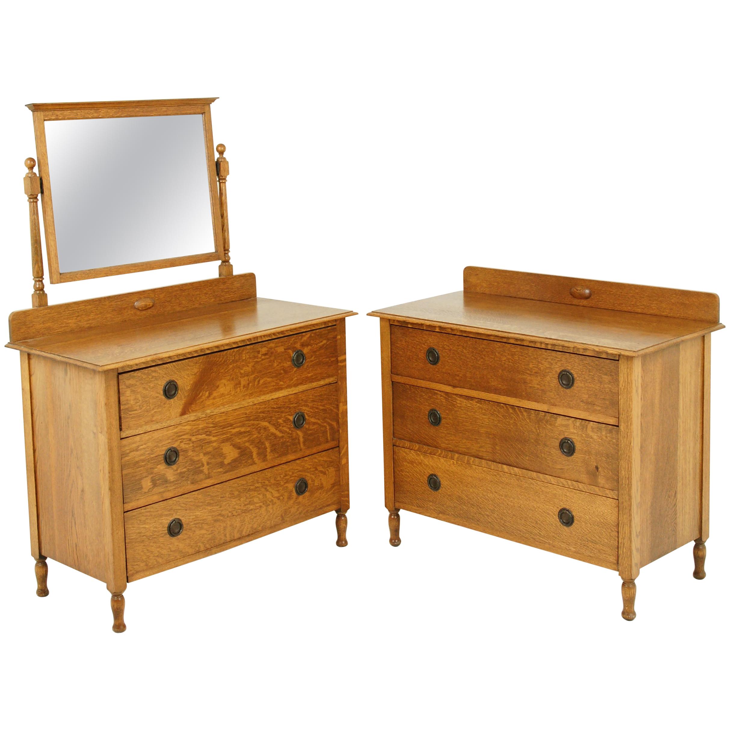 Antique Oak Vanity, Antique Dresser, Beveled Mirror, Tiger Oak, Scotland 1930