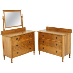 Antique Oak Vanity, Antique Dresser, Beveled Mirror, Tiger Oak, Scotland 1930