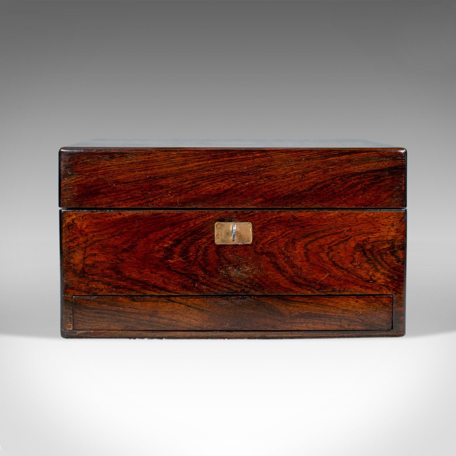 This is an antique vanity box. An English, Victorian travelling vanity case in rosewood and dating to the mid 19th century, circa 1850.

Of fine quality in a sumptuous rosewood case
Grain interest and a desirable aged patina
Good, consistent