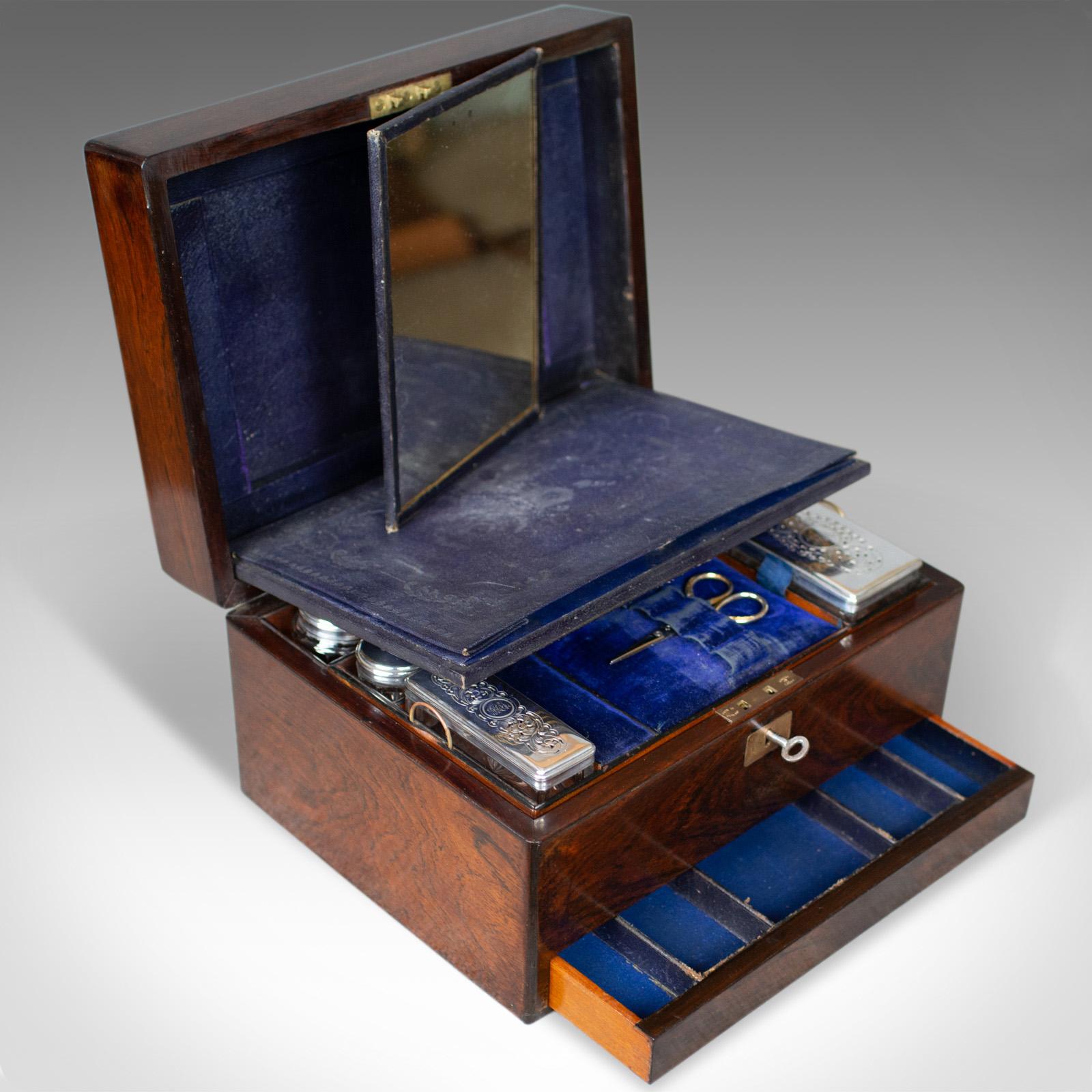 19th Century Antique Vanity Box, English, Victorian, Travelling Case, Rosewood, circa 1850