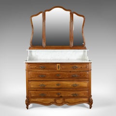 Antique Vanity Chest of Drawers, French, Marble Top, Mirror Back, Mahogany