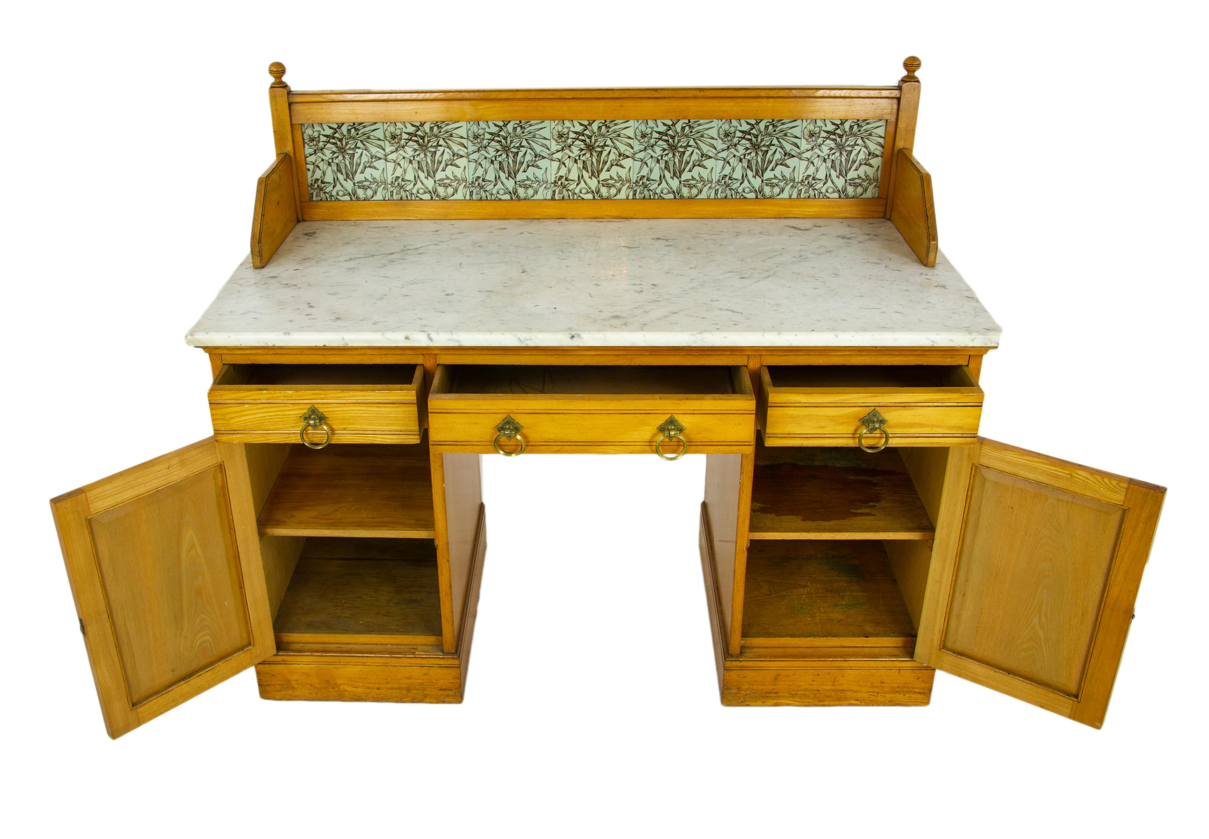 Antique Vanity Desk, Victorian Double Pedestal Arts & Craft Marble Top Washstand, Scotland 1900, Antique Furniture, B1437A

Scotland 1900
Solid Oak Construction
Original Finish
Framed Back with Original Tiles
Sitting on White Marble Top
Below Twin