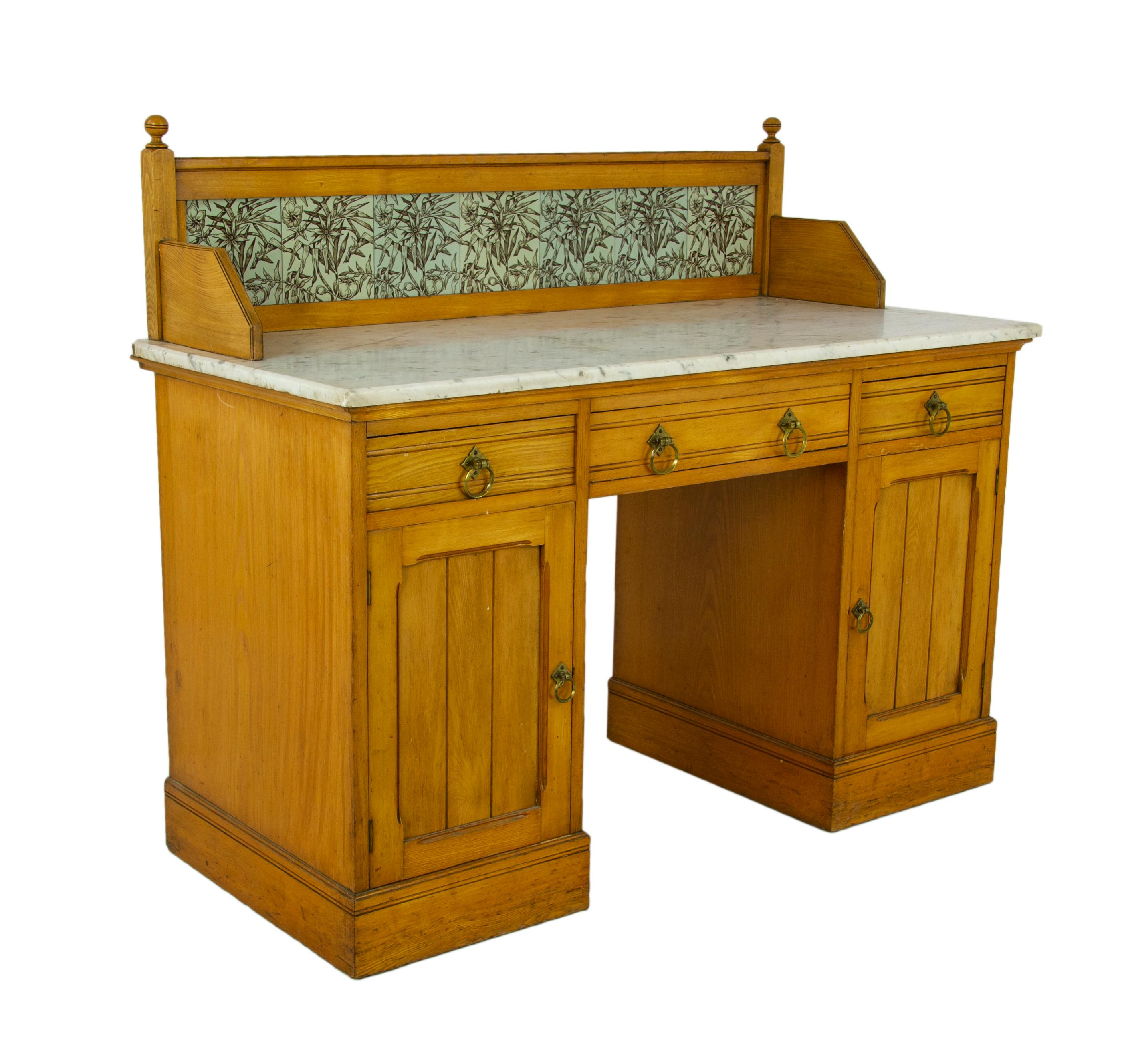 Scottish Antique Vanity Desk, Victorian Marble Top Washstand, Scotland 1900, B1437A