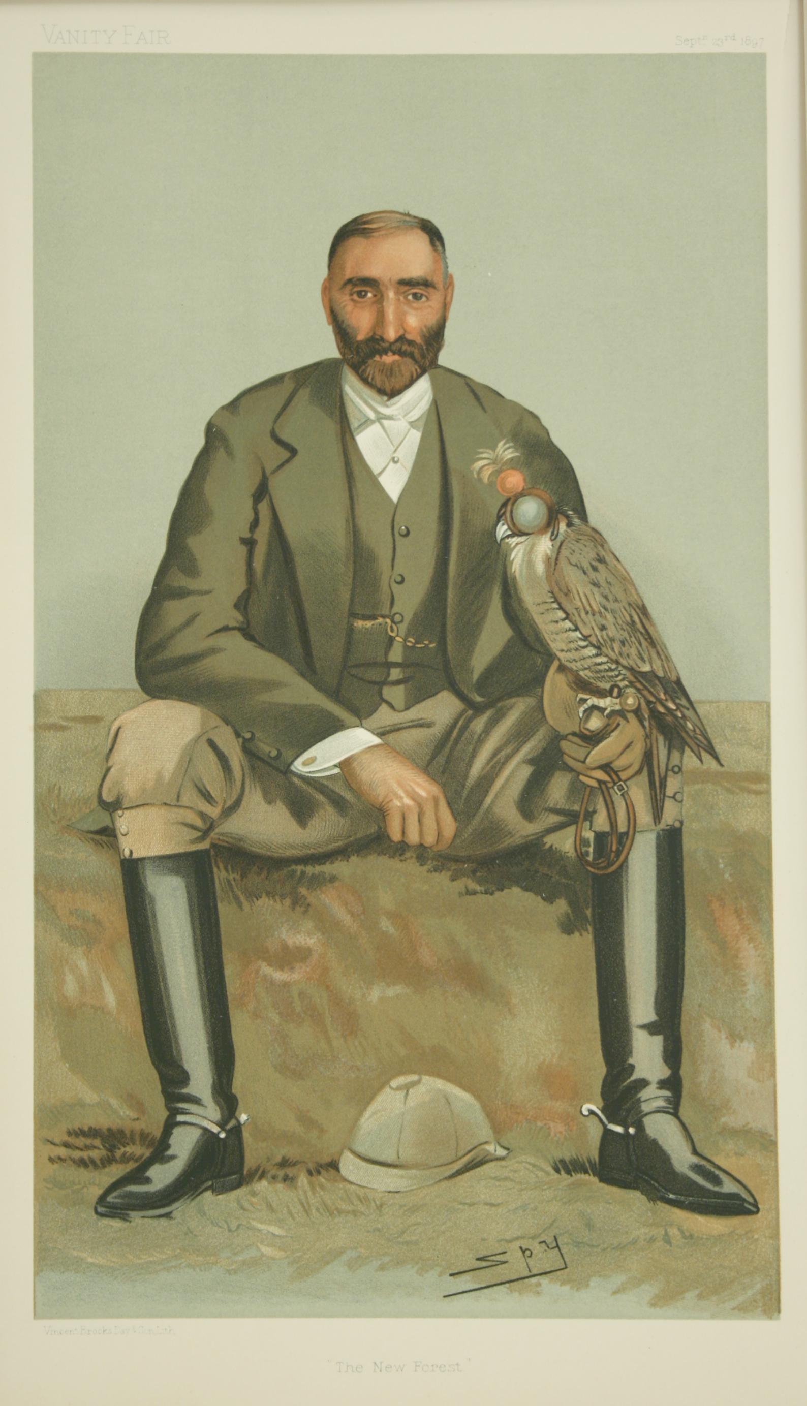 Vanity Fair 'SPY' Falconry print 'The New Forest'.
A mounted chromolithograph print published Sept. 23rd, 1897, by Vincent Brooks, Day & Son Ltd. Lith., for Vanity Fair. The picture is titled 'The New Forest' and is an original print of The Hon.