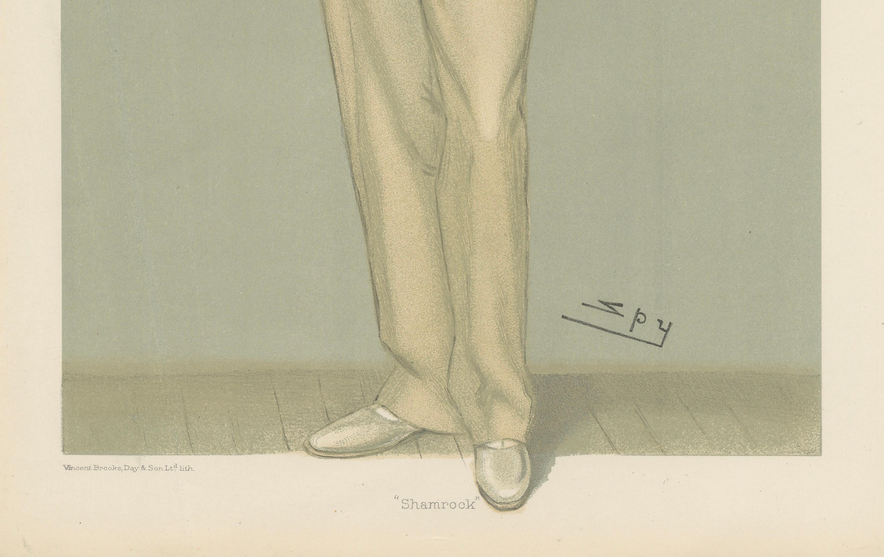 Stampa antica di Vanity Fair 'Shamrock' 26 settembre 1901 di Spy - Litografia decorativa

Si tratta di un'antica litografia a colori tratta dall'iconica rivista Vanity Fair, datata 19 settembre 1901. Raffigura un signore intitolato 