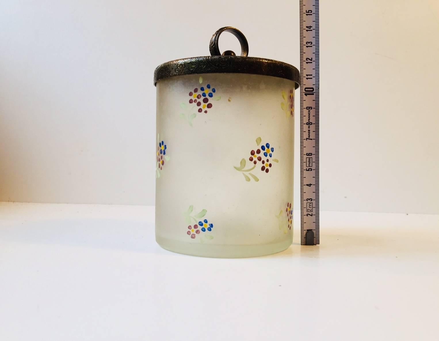 Late 19th Century Antique Vanity Glass and Brass Lidded Jar with Flowers from Holmegaard, 1890s
