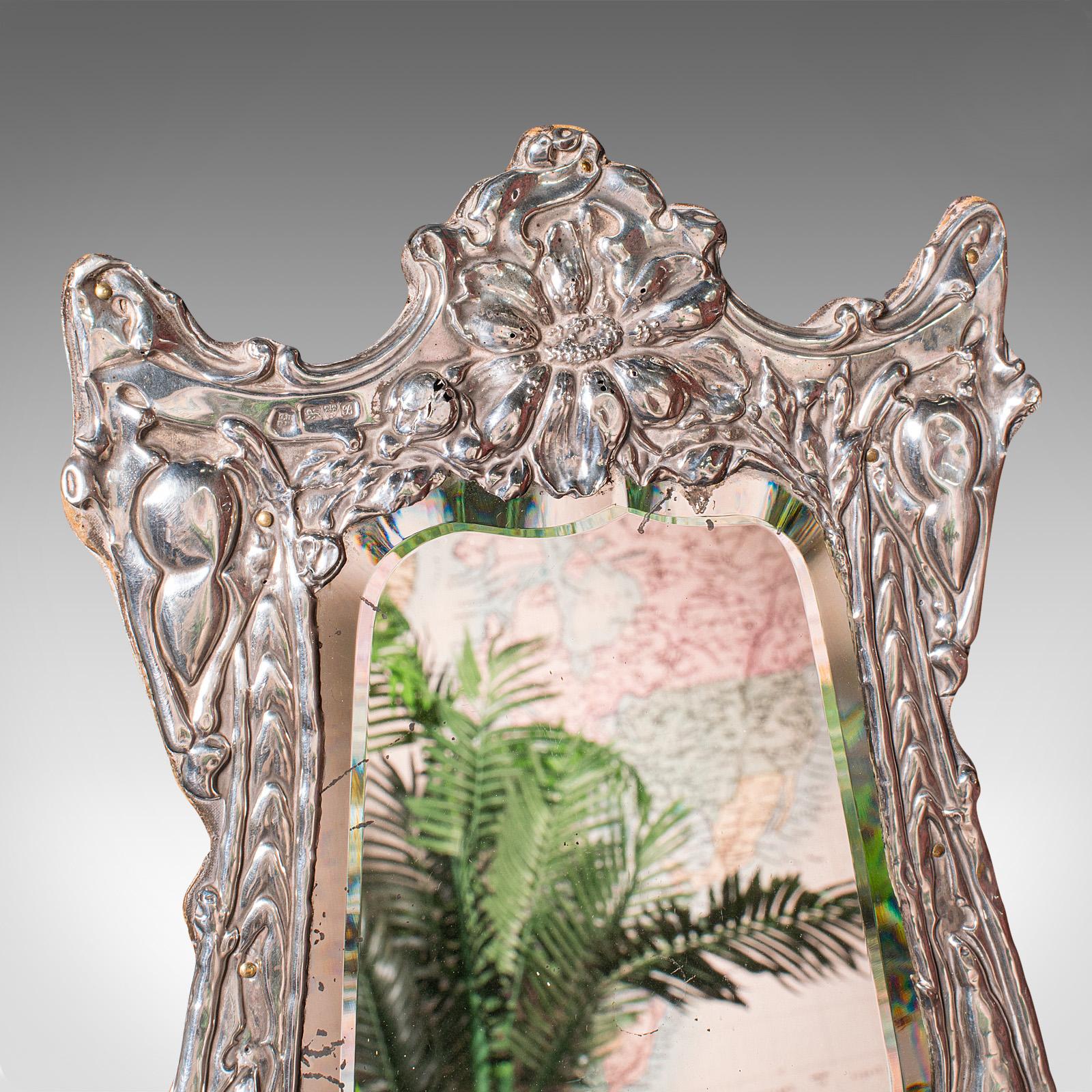 Late Victorian Antique Vanity Mirror, English, Sterling Silver, Glass, Hallmarked, Edwardian For Sale