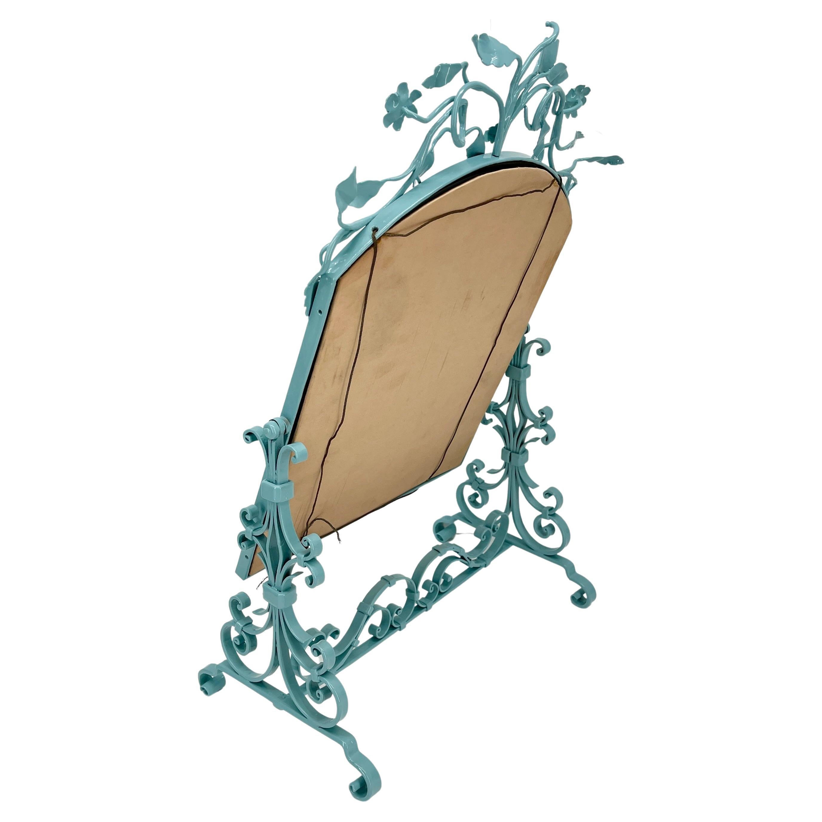 Antique Vanity Mirror, Powder Coated Vintage Turquoise In Good Condition In Haddonfield, NJ
