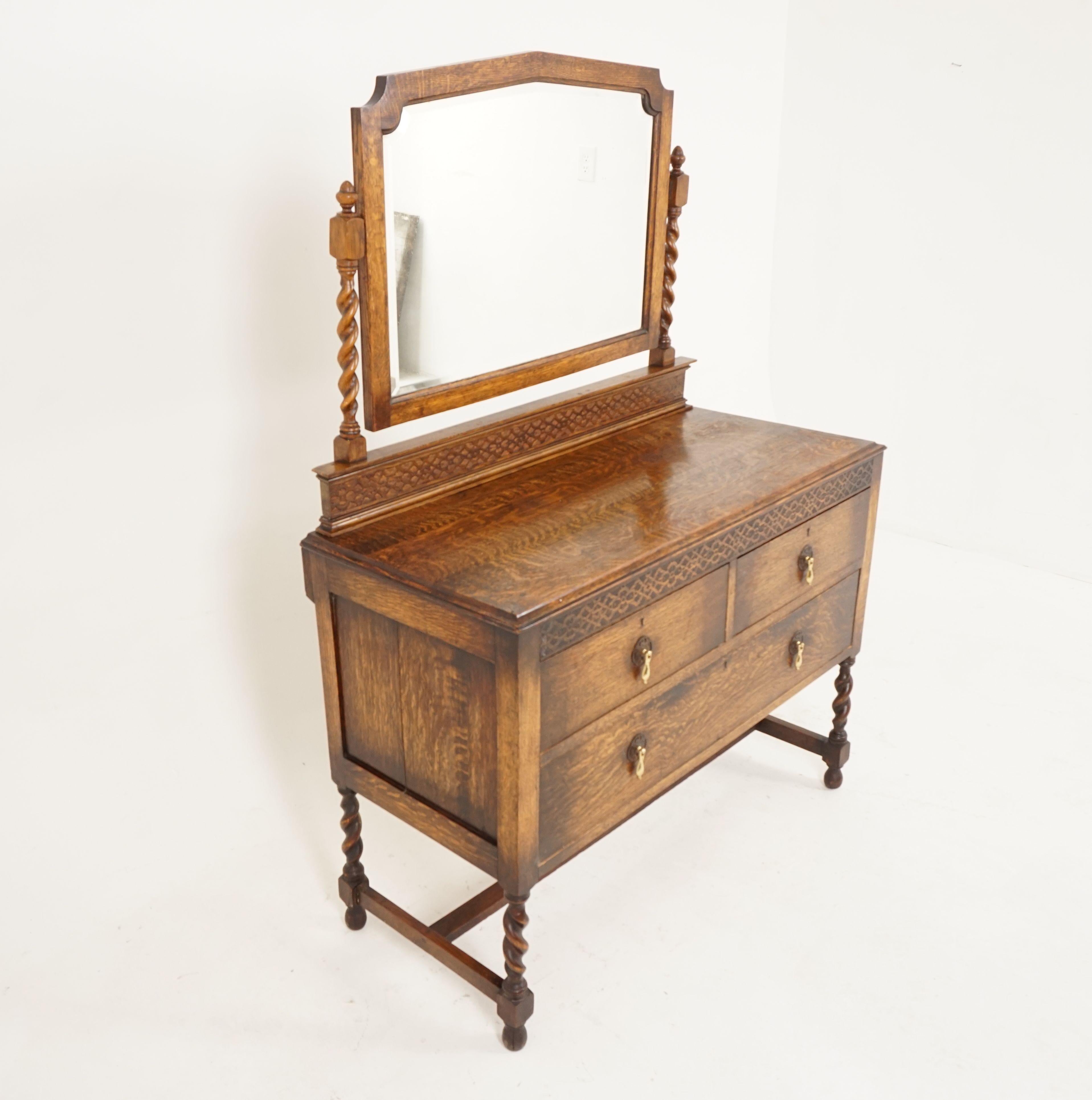 Antique Vanity, tiger oak, Barley twist, with mirror, Scotland 1920, B2530

Scotland 1920
Solid oak
Original finish
Shaped beveled mirror (with some crazing)
Pair of barley twist supports with finials to the top
Carved back
Rectangular