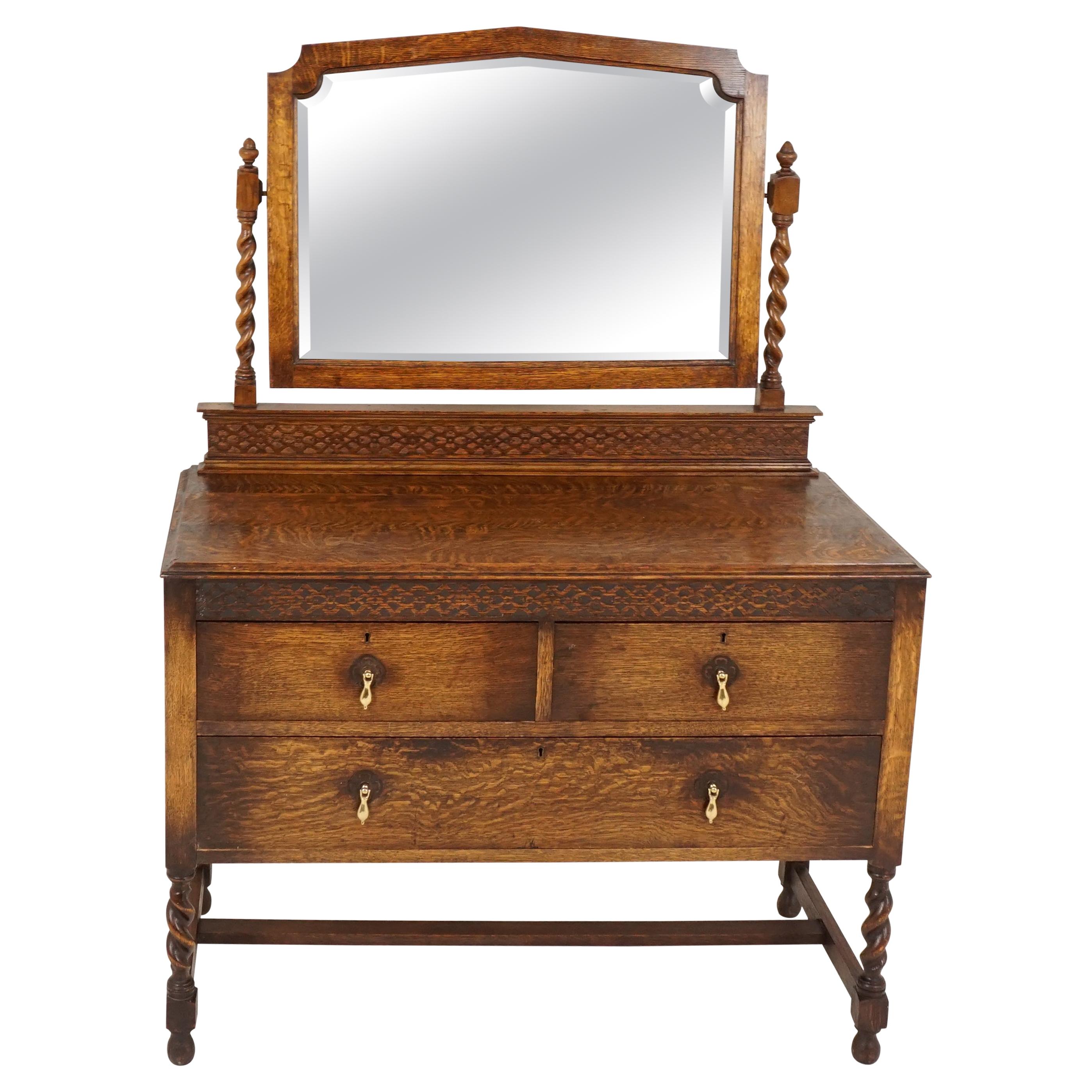 Antique Vanity, Tiger Oak, Barley Twist, With Mirror, Scotland 1920, B2530