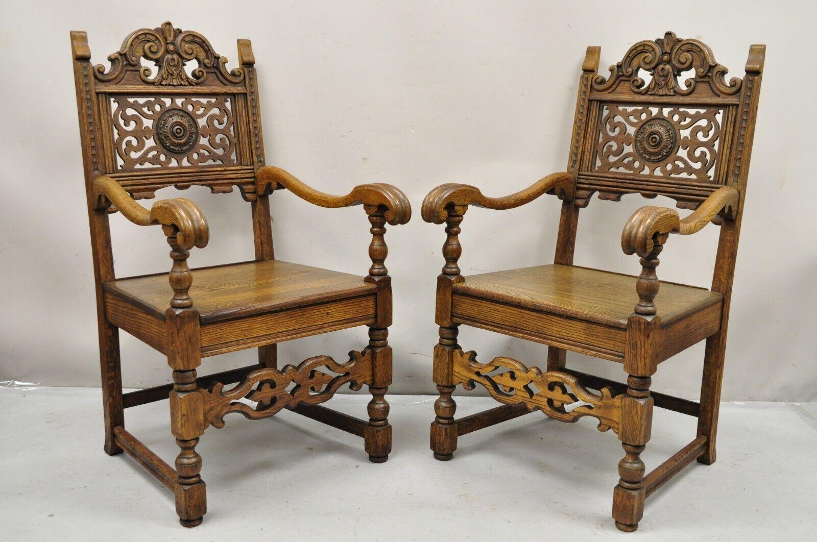 Antique Vanleigh Furniture New York Carved Oak Italian Renaissance Style Throne Arm Chairs - a Pair. Item features the original label, solid oak wood construction, beautiful woodgrain, very nice antique pair. Circa Early 1900s. Measurements: 42.5