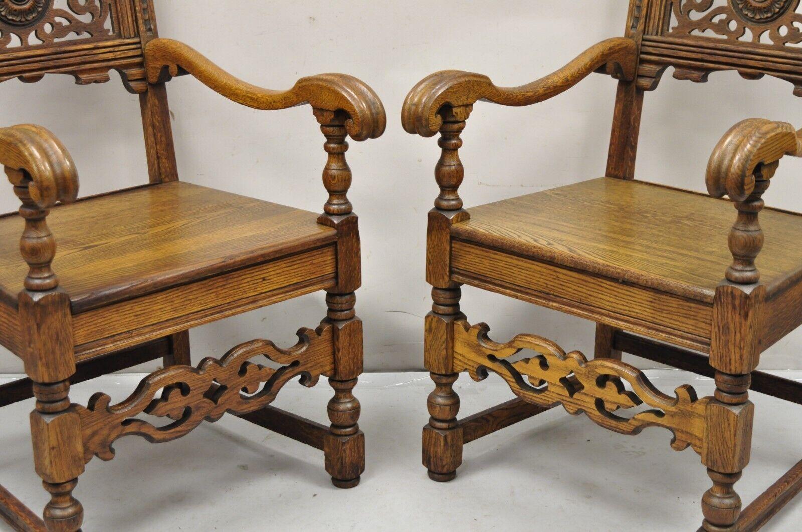 Antique Vanleigh Carved Oak Italian Renaissance Style Throne Arm Chairs - a Pair For Sale 3
