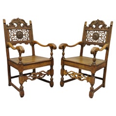 Antique Vanleigh Carved Oak Italian Renaissance Style Throne Arm Chairs - a Pair