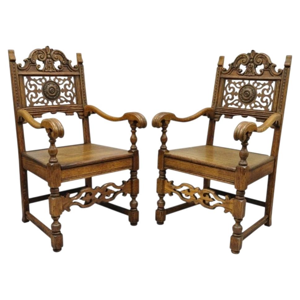 Antique Vanleigh Carved Oak Italian Renaissance Style Throne Arm Chairs - a Pair For Sale