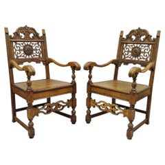 Antique Vanleigh Carved Oak Italian Renaissance Style Throne Arm Chairs - a Pair