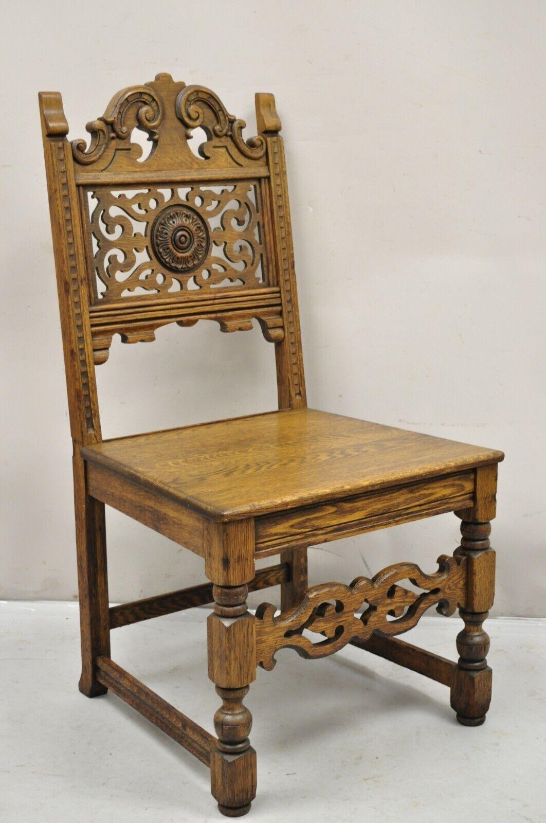 Antique Vanleigh Furniture New York Carved Oak Italian Renaissance Style Throne Dining Side Chair. Item features the original label, solid oak wood construction, beautiful wood grain, very nice antique item. Circa Early 1900s. Measurements: 41.5