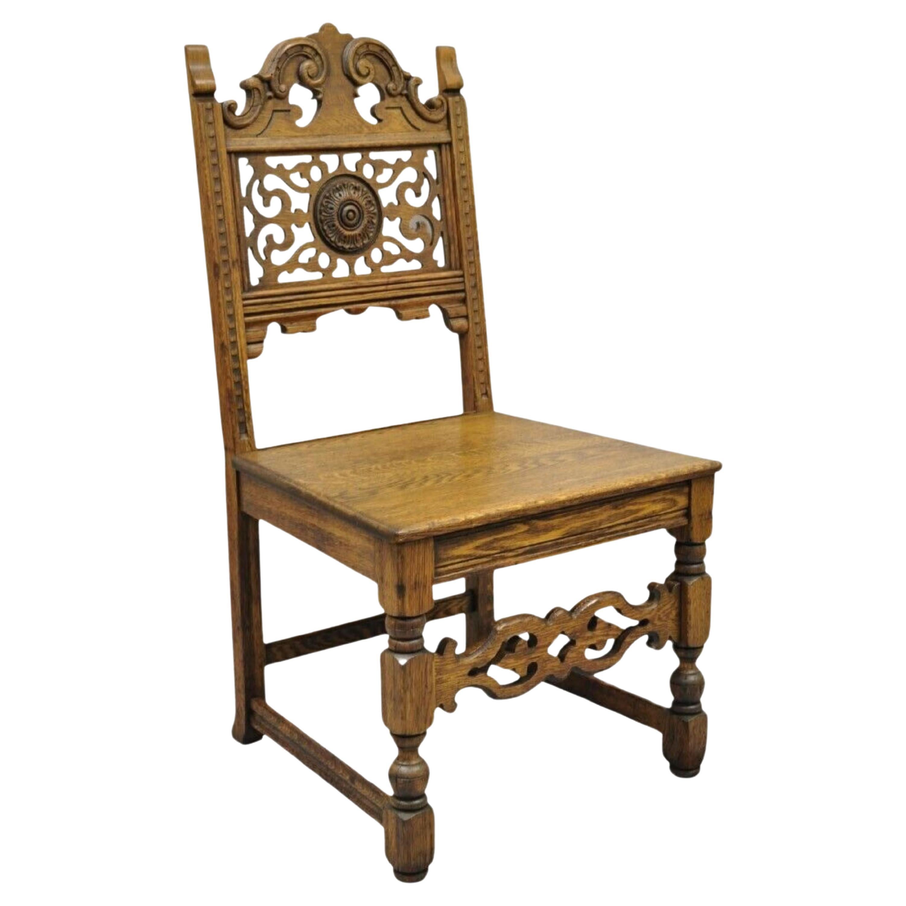 Antique Vanleigh Carved Oak Italian Renaissance Style Throne Dining Side Chair For Sale