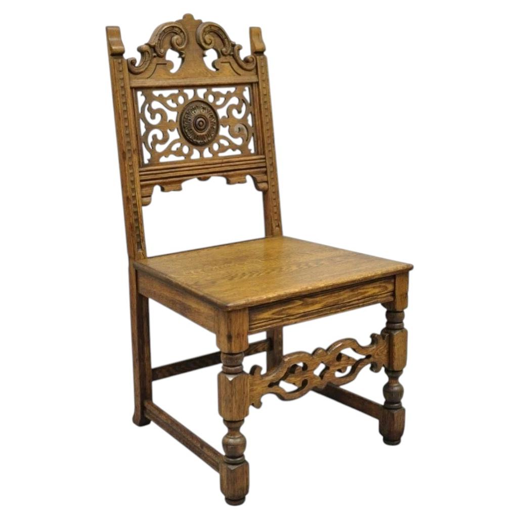 Antique Vanleigh Carved Oak Italian Renaissance Style Throne Dining Side Chair For Sale