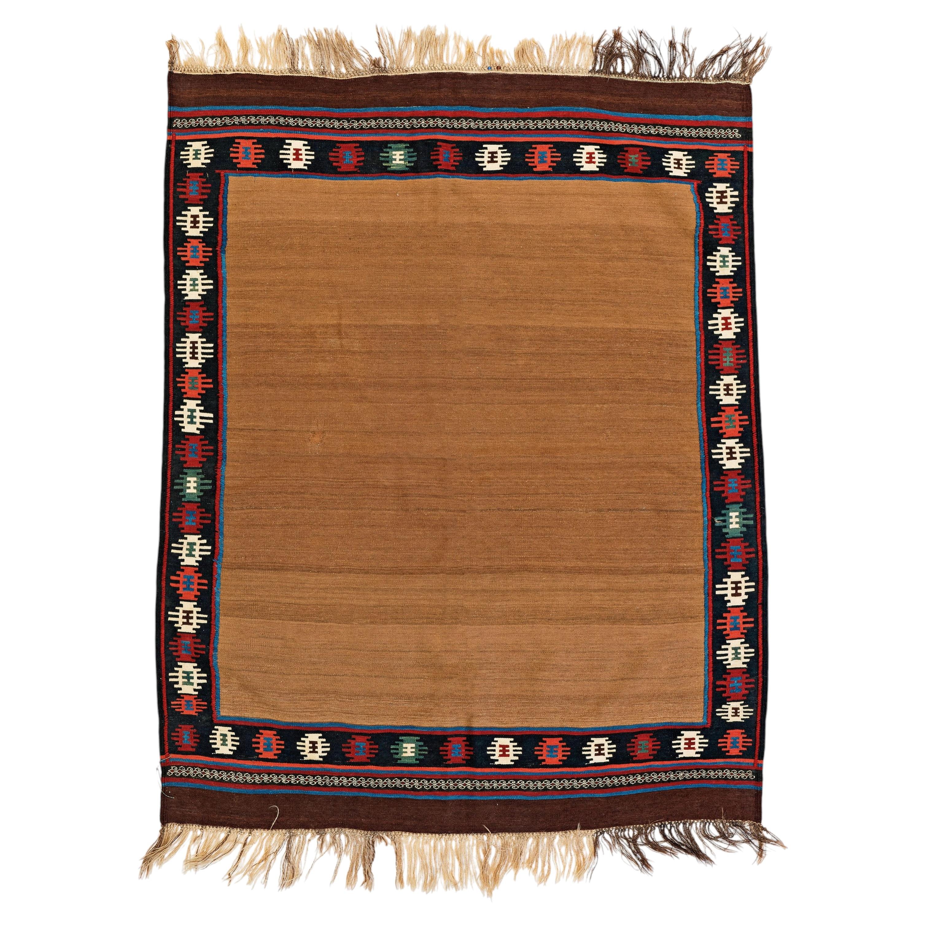 Antique Rukorsi Sofreh Rug, 4' x 5', Open-Field Camel Kilim, Wall Art c. 1920 For Sale